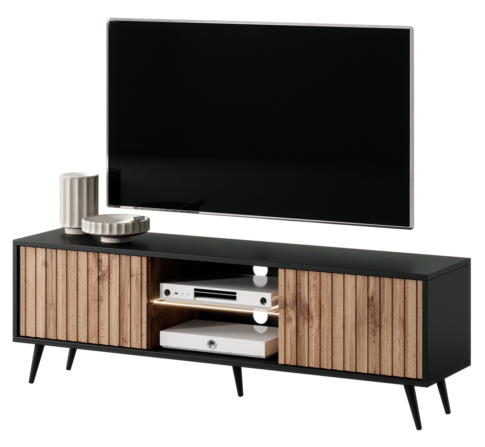 selsey-bello-tv-schrank-135-cm-schwarz-wotan-eiche-mit-lamellenfront-und-led image 1
