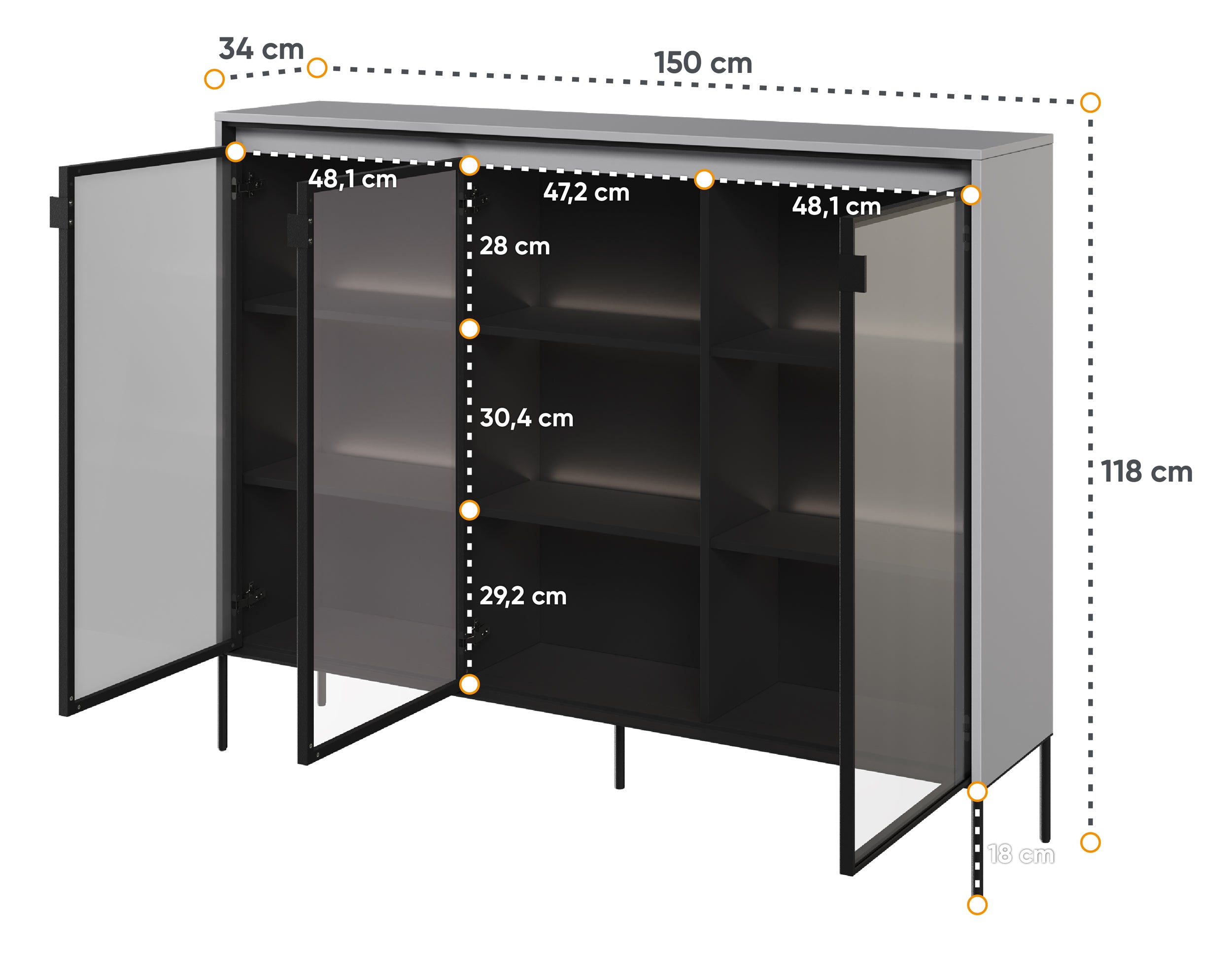 selsey-trend-dreht-renschrank-vitrine-150-cm-mit-led-grau image 4
