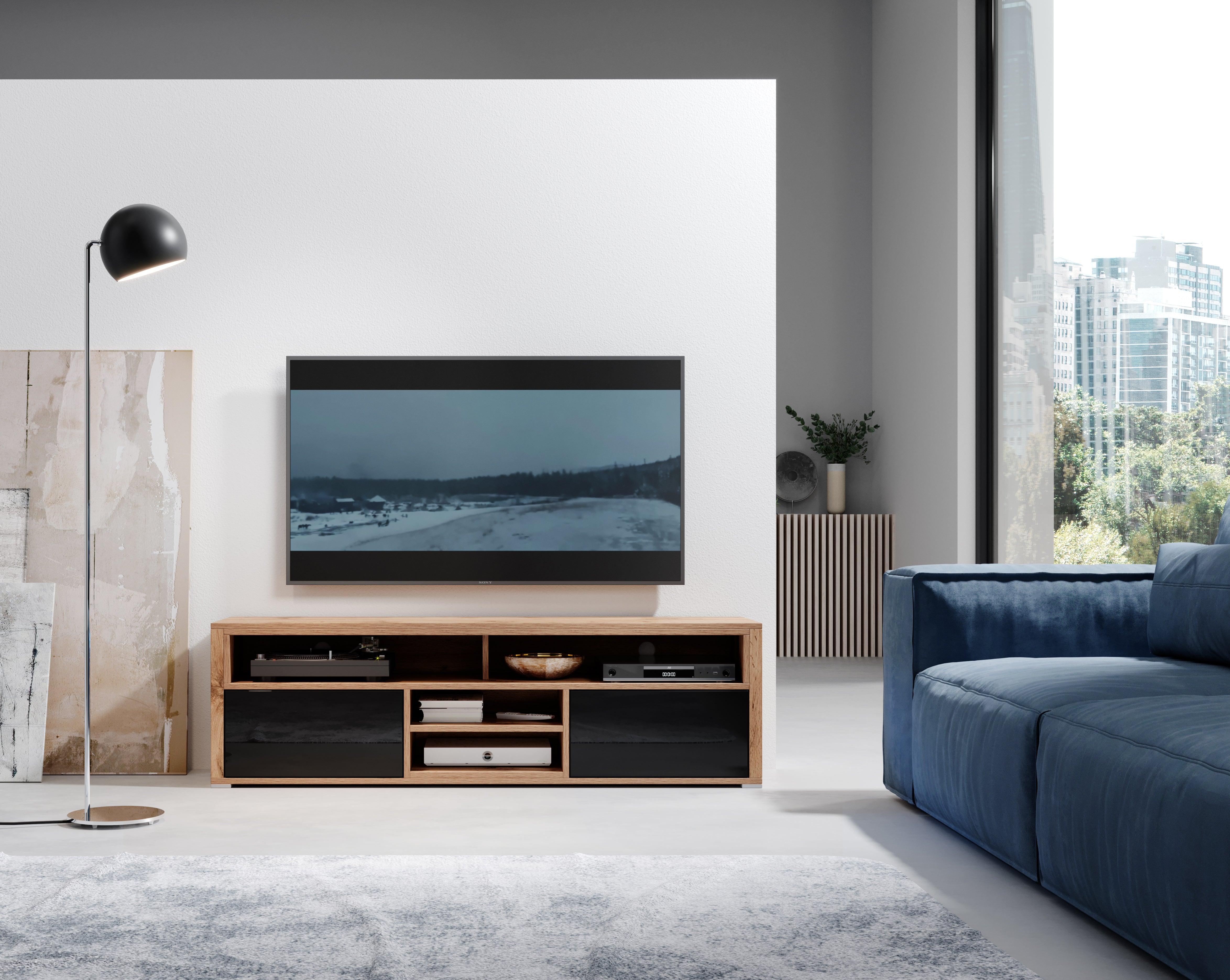 selsey-laksa-tv-schrank-mit-beleuchtung-wotan-eiche-schwarz-hochglanz image 2