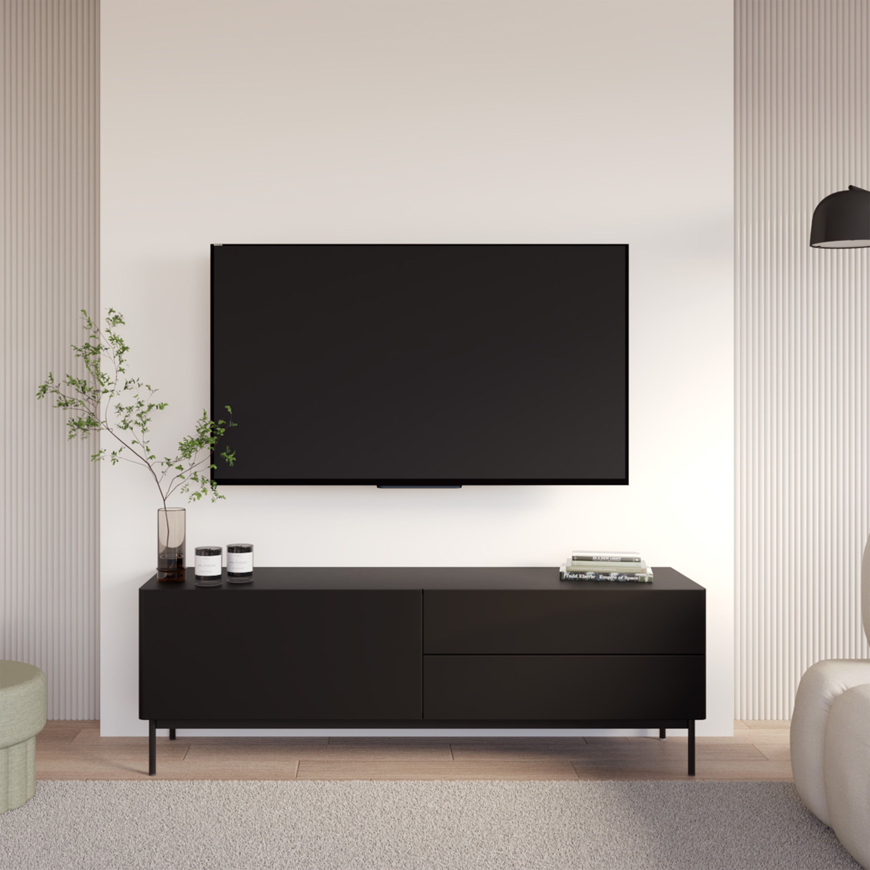 selsey-olio-tv-schrank-160-cm-mit-klappe-und-zwei-schubladen-schwarz image 1