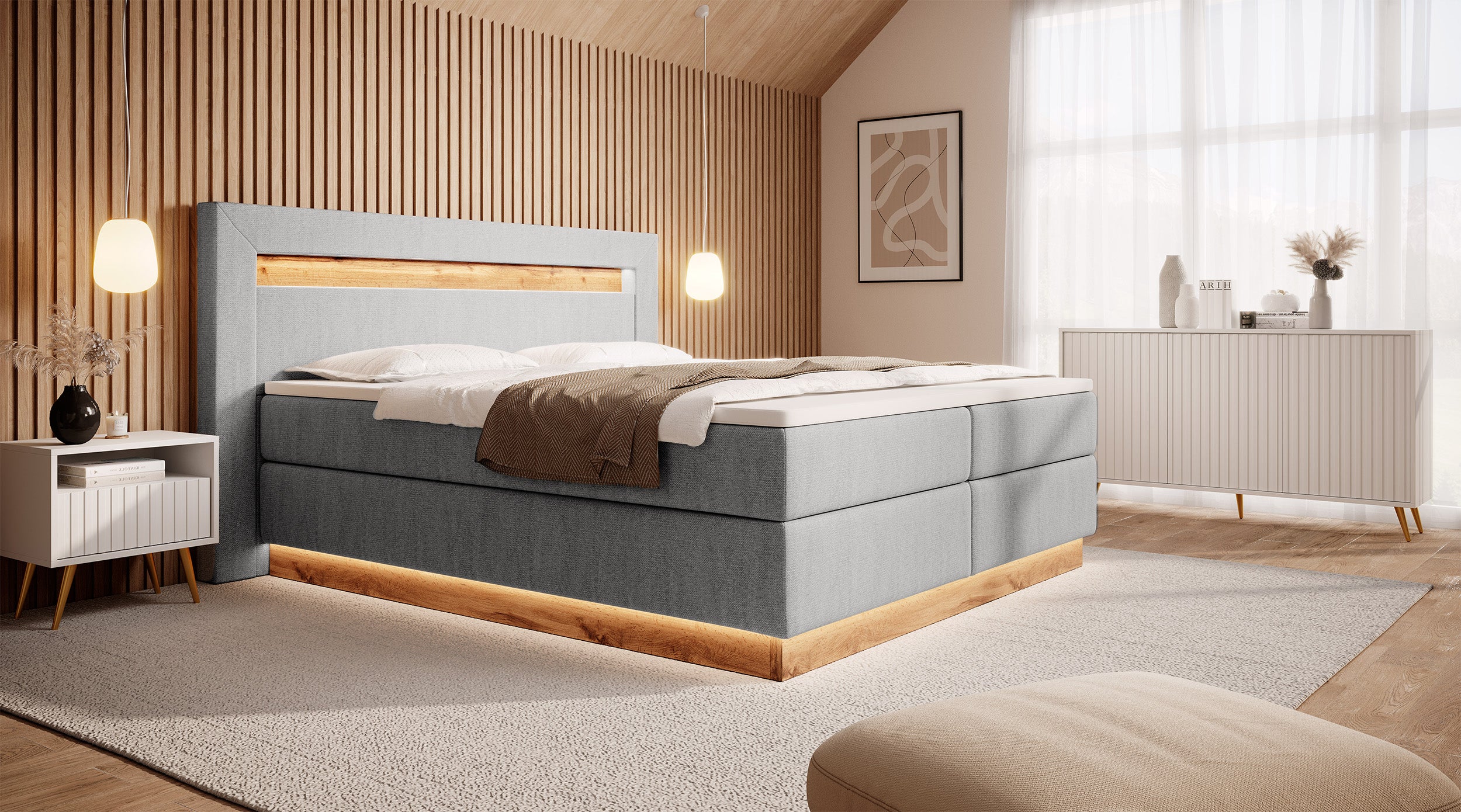 selsey-oski-kontinentales-bett-140x200-cm-mit-topper-und-beleuchtung-hellgrauer- image 2