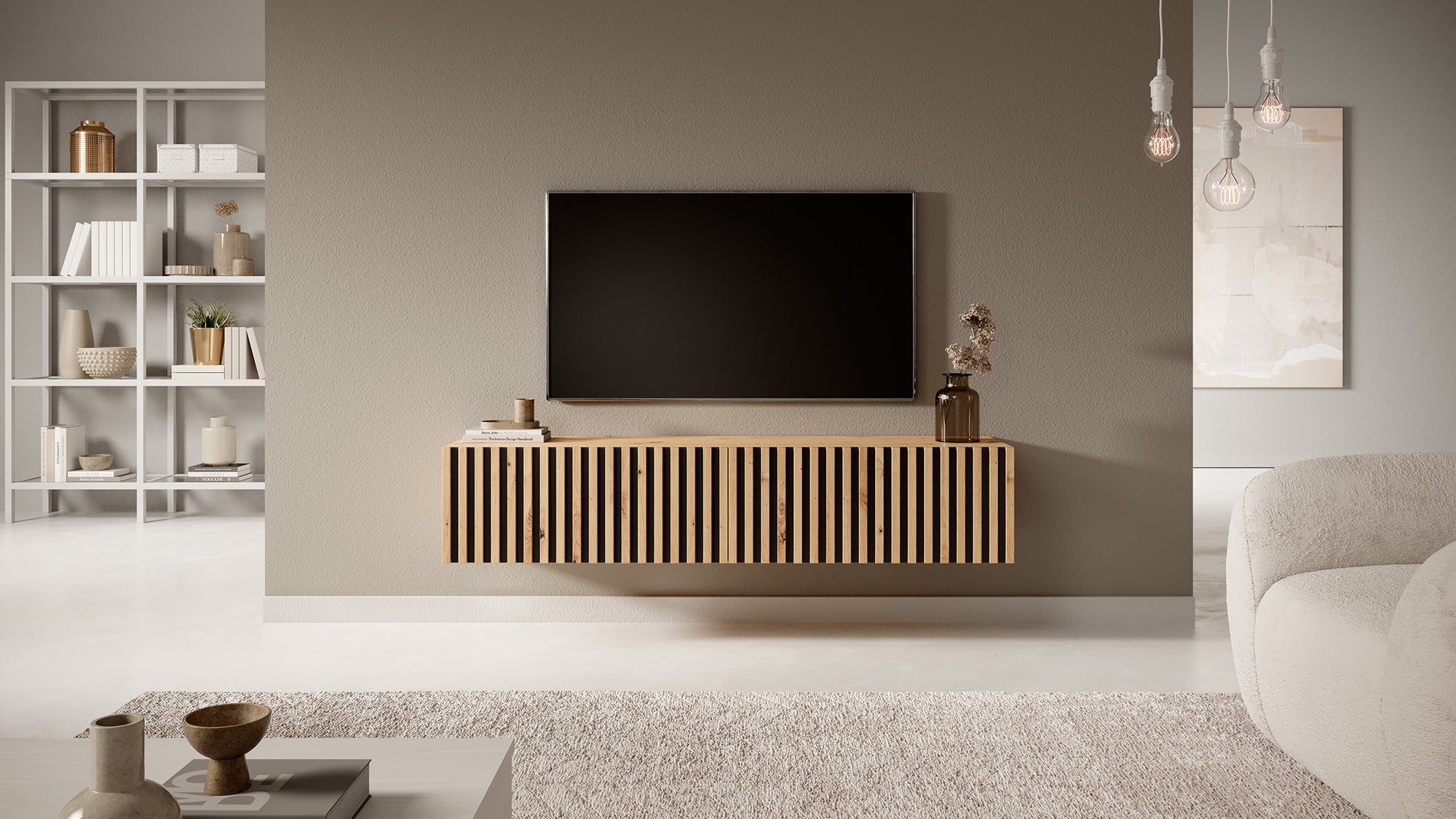 selsey-telire-tv-schrank-138-6-cm-artisan-eiche-mit-lamellenfront-schwarze-eins- image 3