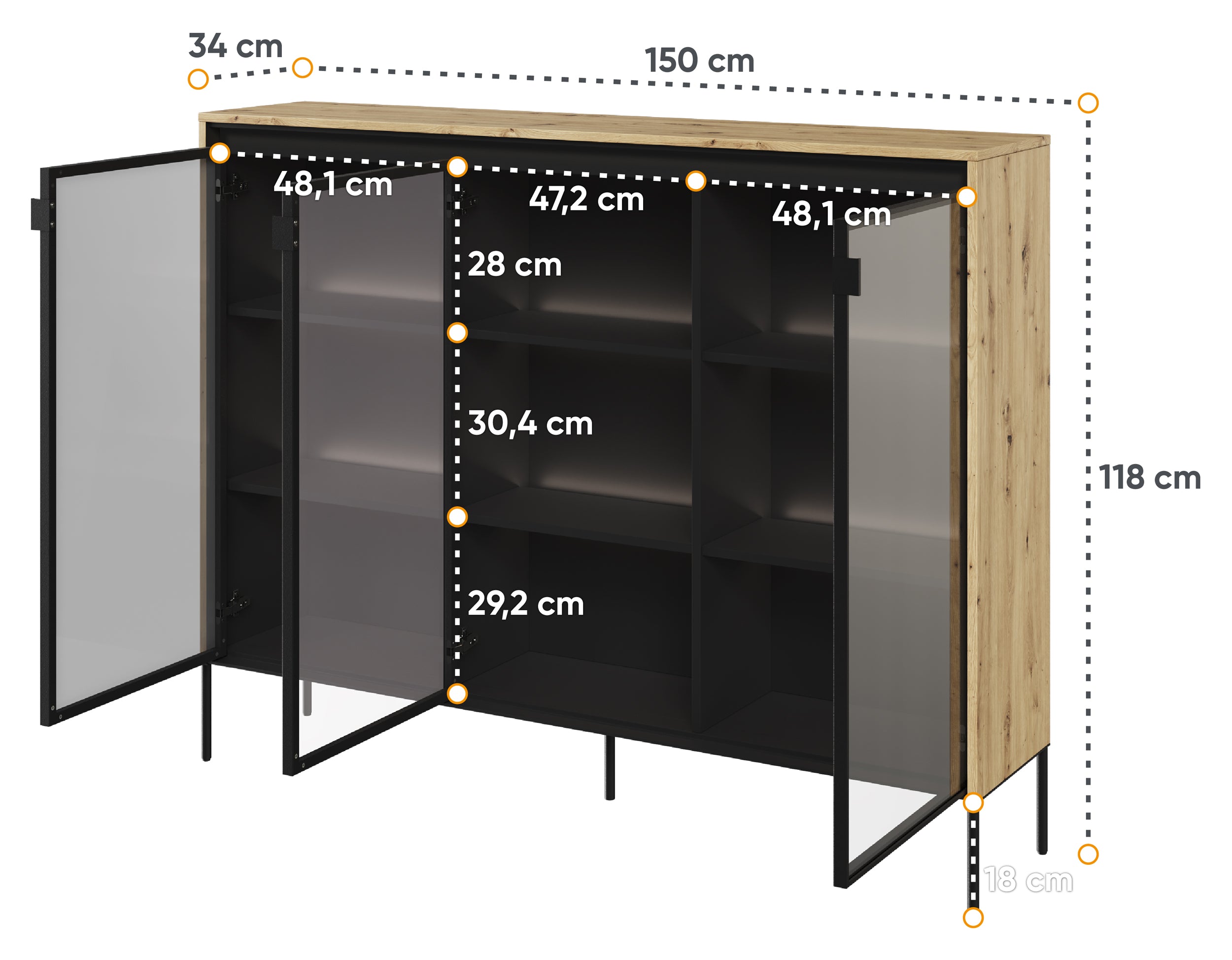 selsey-trend-dreht-renschrank-vitrine-150-cm-mit-led-artisan-eiche image 3