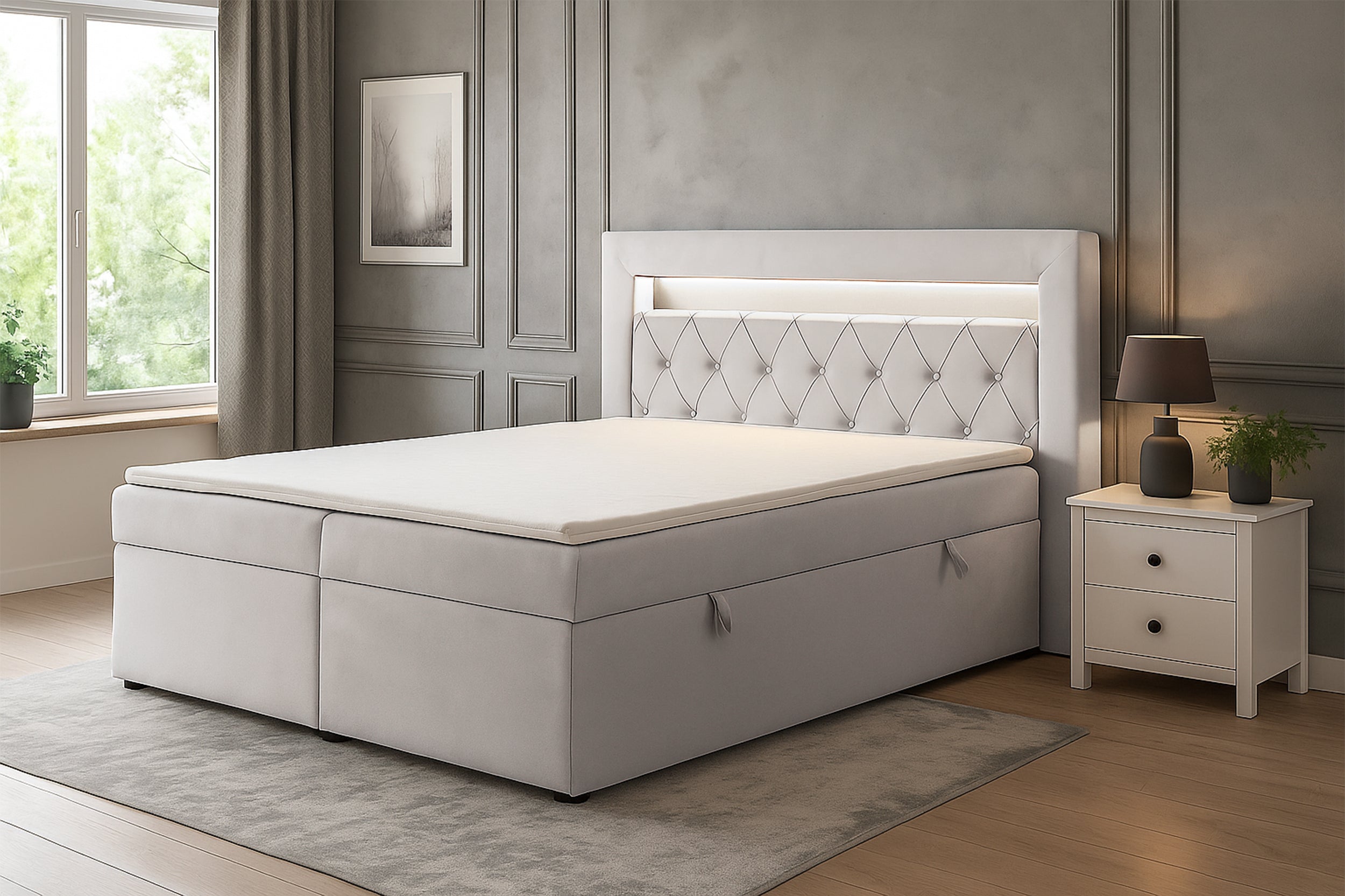 selsey-goldess-kontinentales-bett-180x200-mit-stauraum-und-led-grau-beiges-samt image 2