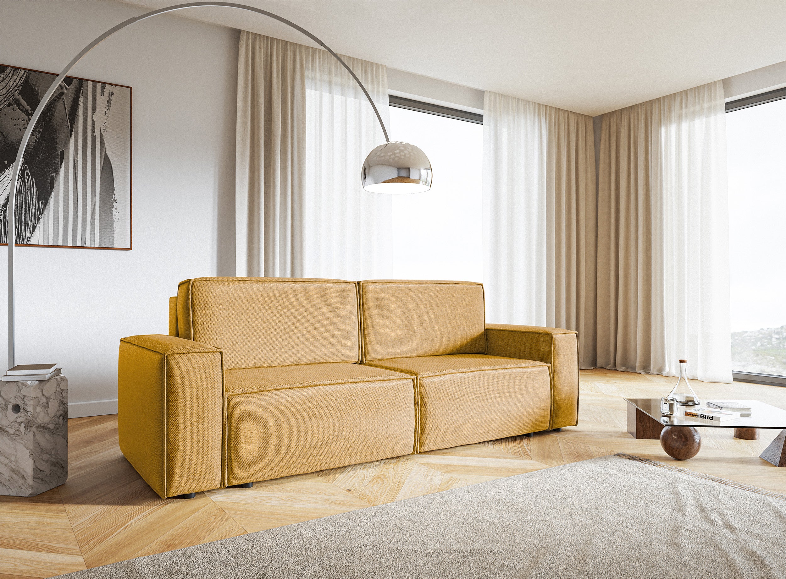 selsey-copertino-dreisitziges-ausklappbares-sofa-senfgelb-pflegeleichtes-geflech image 2