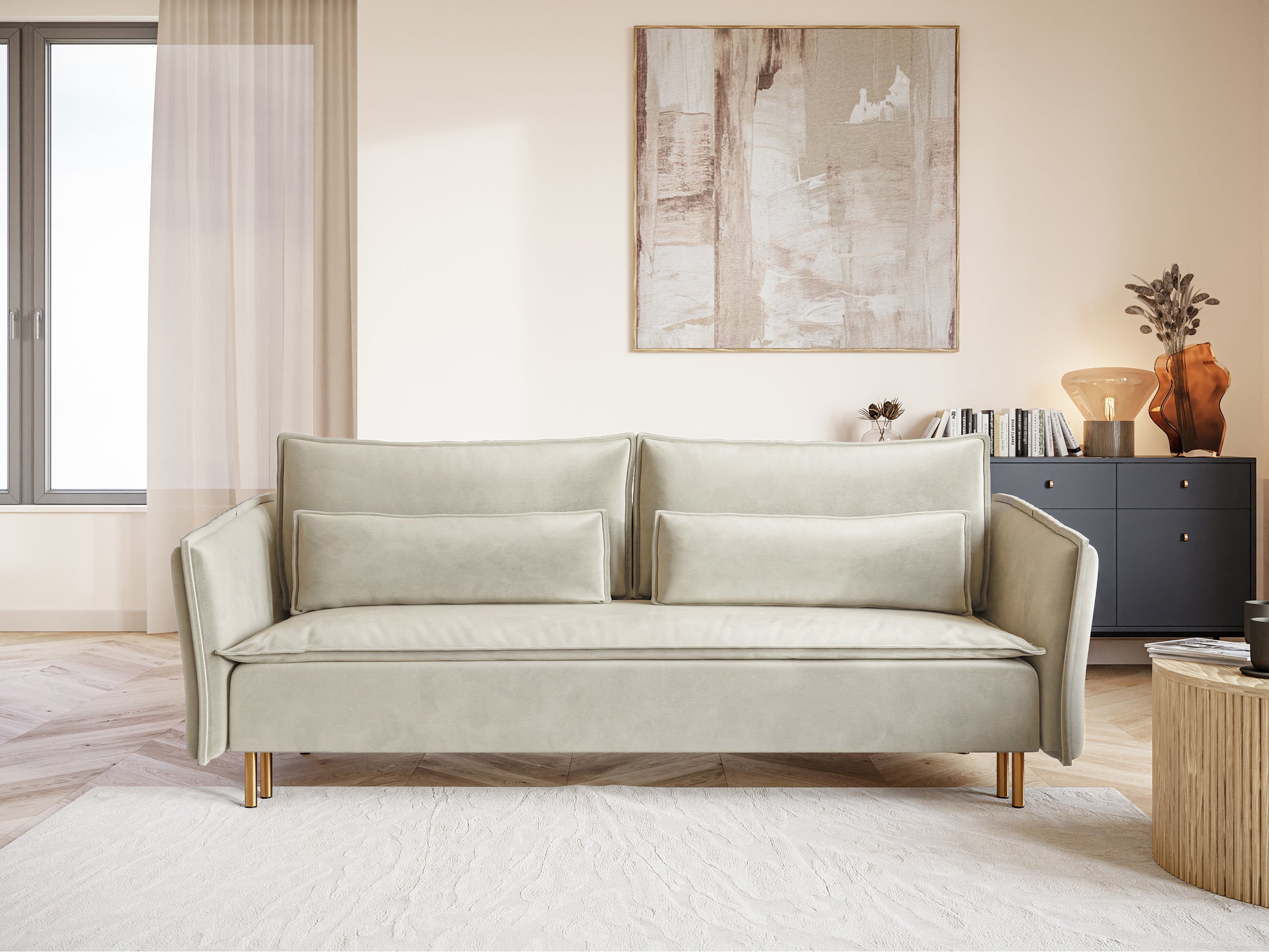 selsey-ummo-3-sitzer-schlafsofa-mit-stauraum-creme-velours-wasserabweisend-golde image 2