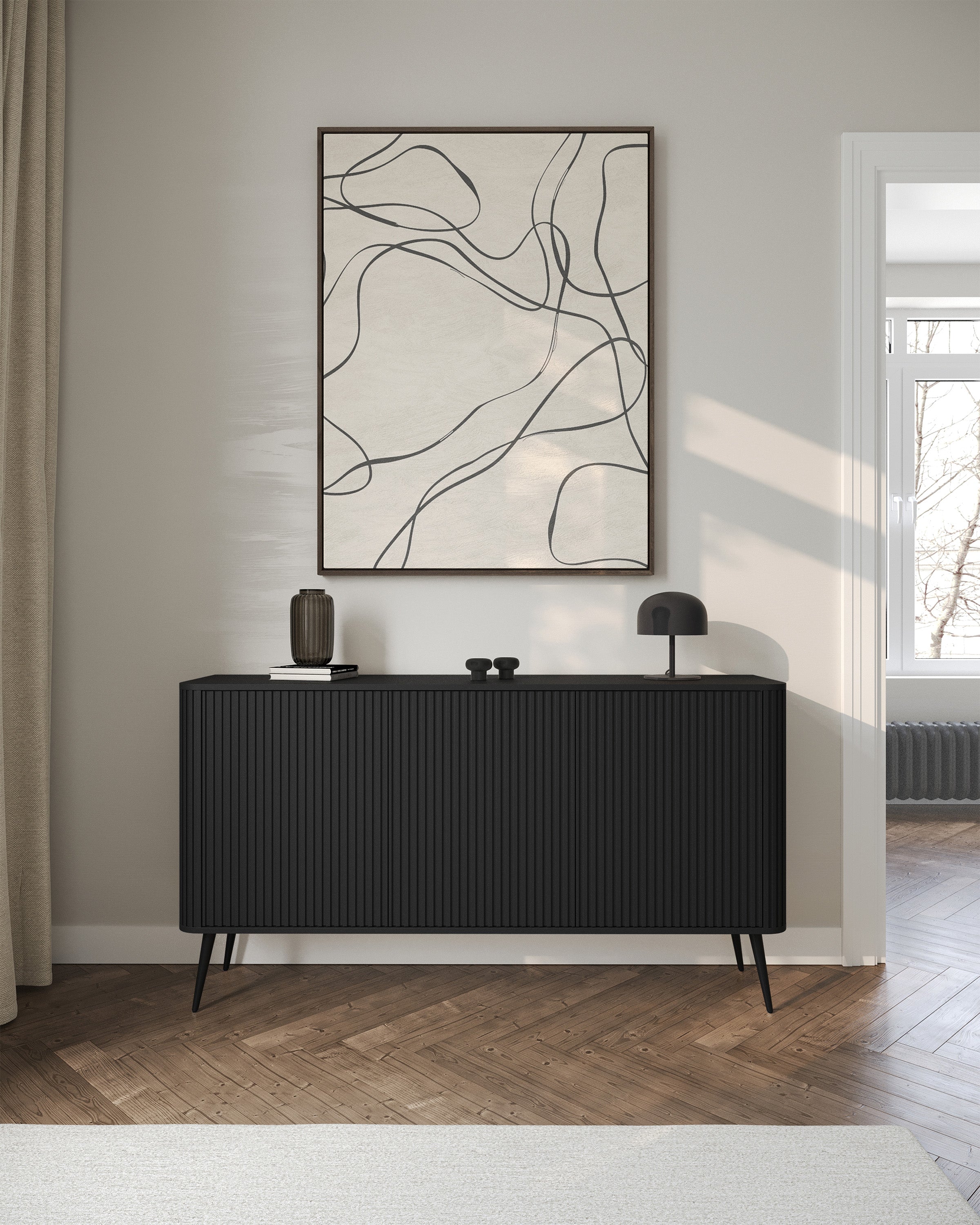 selsey-ovarlo-kommode-mit-3-t-ren-163-cm-schwarz-mit-schwarzen-beinen image 2