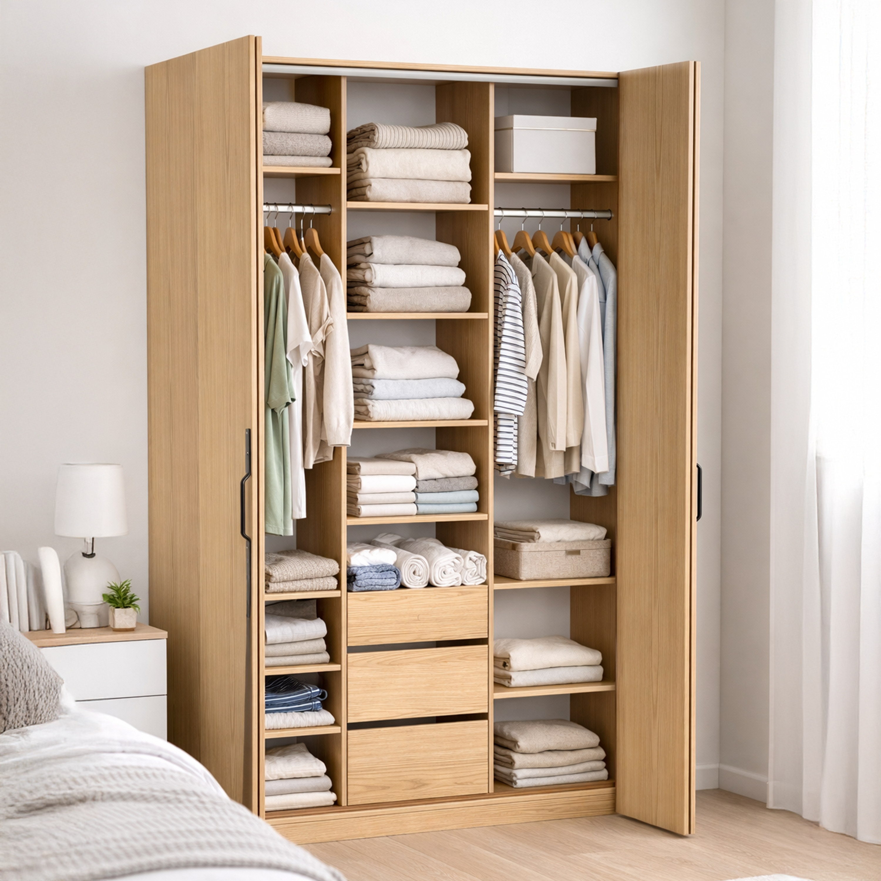 selsey-bari-zweit-rige-garderobe-200-cm-mit-drei-schubladen-eiche-bookmatch image 4
