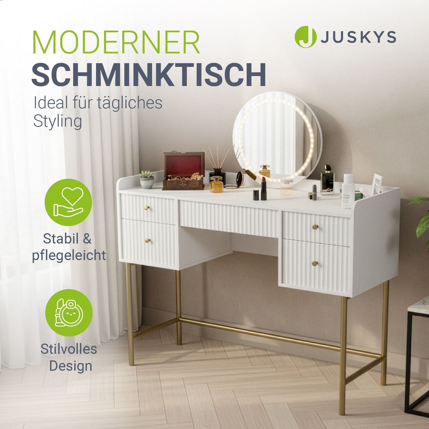juskys-schminktisch-samira-wei-gold-kosmetiktisch-mit-touch-led-spiegel-und-5-sc image 2