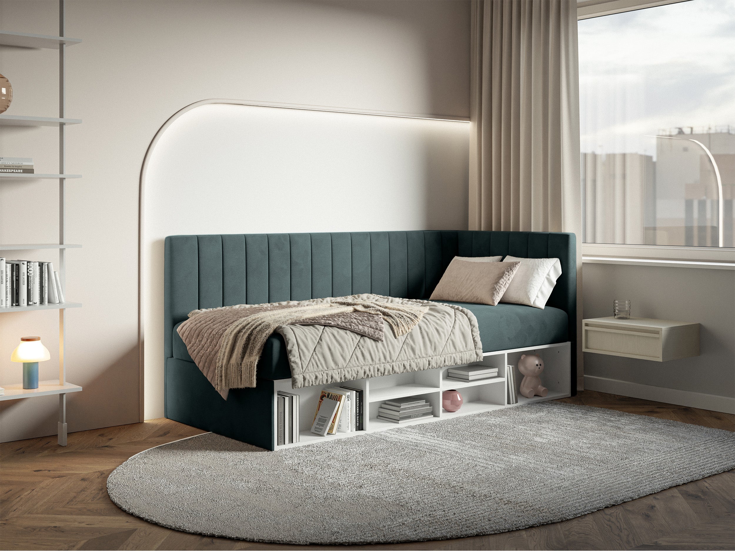 selsey-ventrio-jugendbett-90x200-cm-rechtsseitig-mit-stauraum-blau-grau-velours image 2