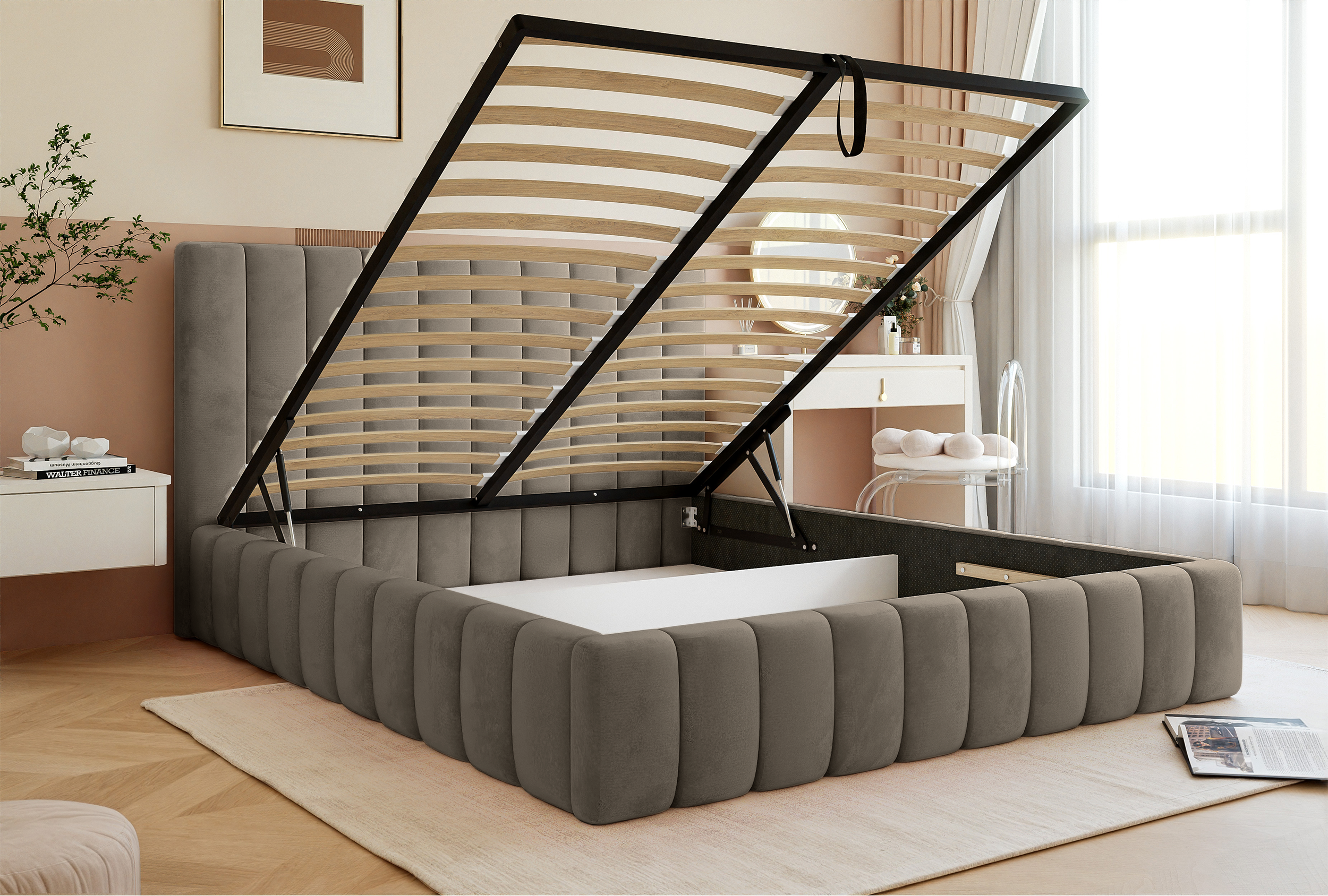 selsey-fiarro-polsterbett-160x200-cm-mit-bettkasten-grau-beige-samtvelours-metal image 4