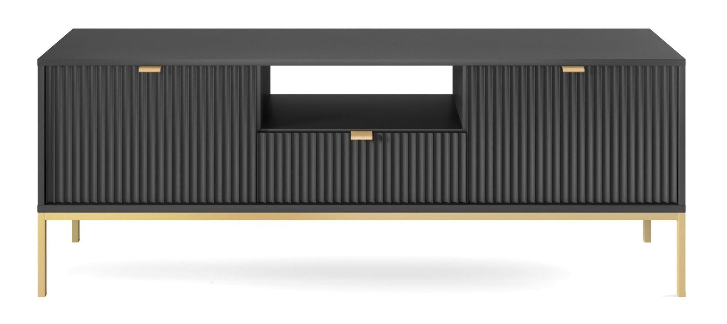 selsey-vellore-tv-schrank-154-cm-schwarz-mit-gerillten-fronten-und-goldenem-gest image 2