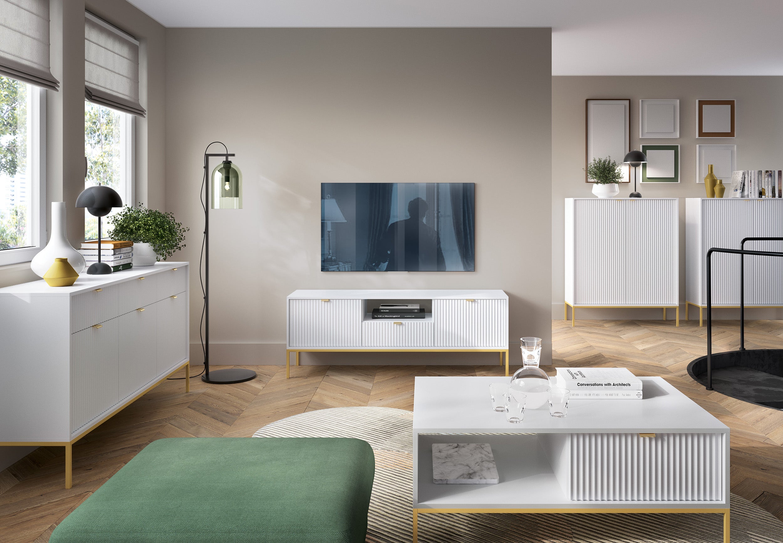 selsey-vellore-tv-schrank-154-cm-wei-mit-gerillten-fronten-und-goldenem-gestell image 7