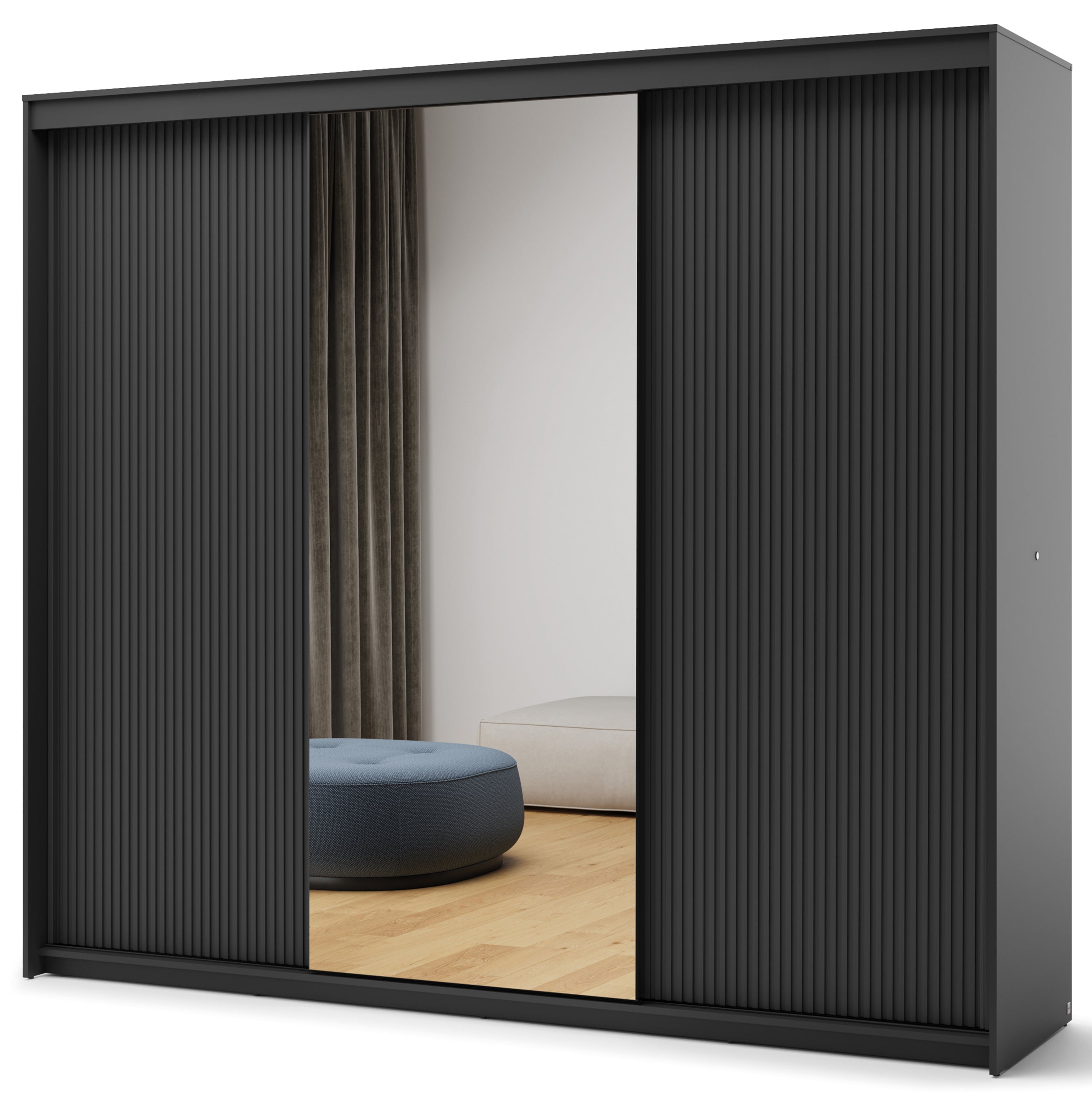 selsey-trend-dreht-renschrank-250-cm-schwarz-geriffelte-fronten-mit-spiegel-und- image 1