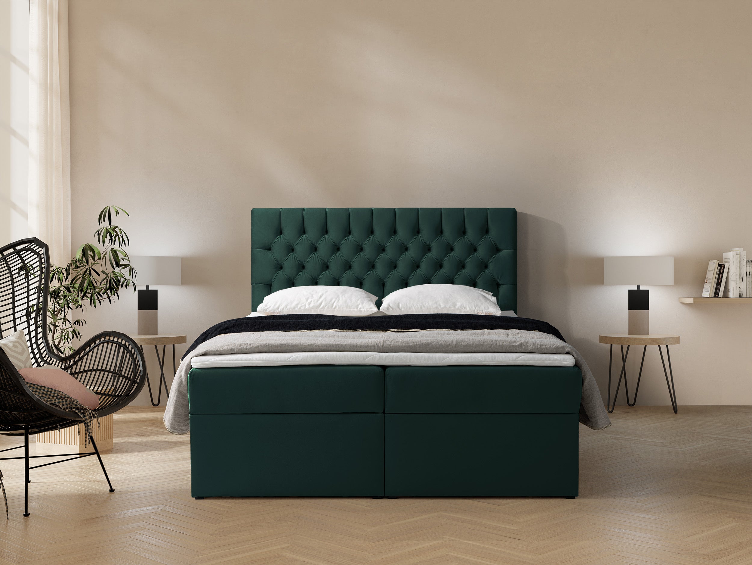 selsey-daissy-kontinentales-bett-140x200-cm-mit-stauraum-und-topper-flaschengr-n image 2