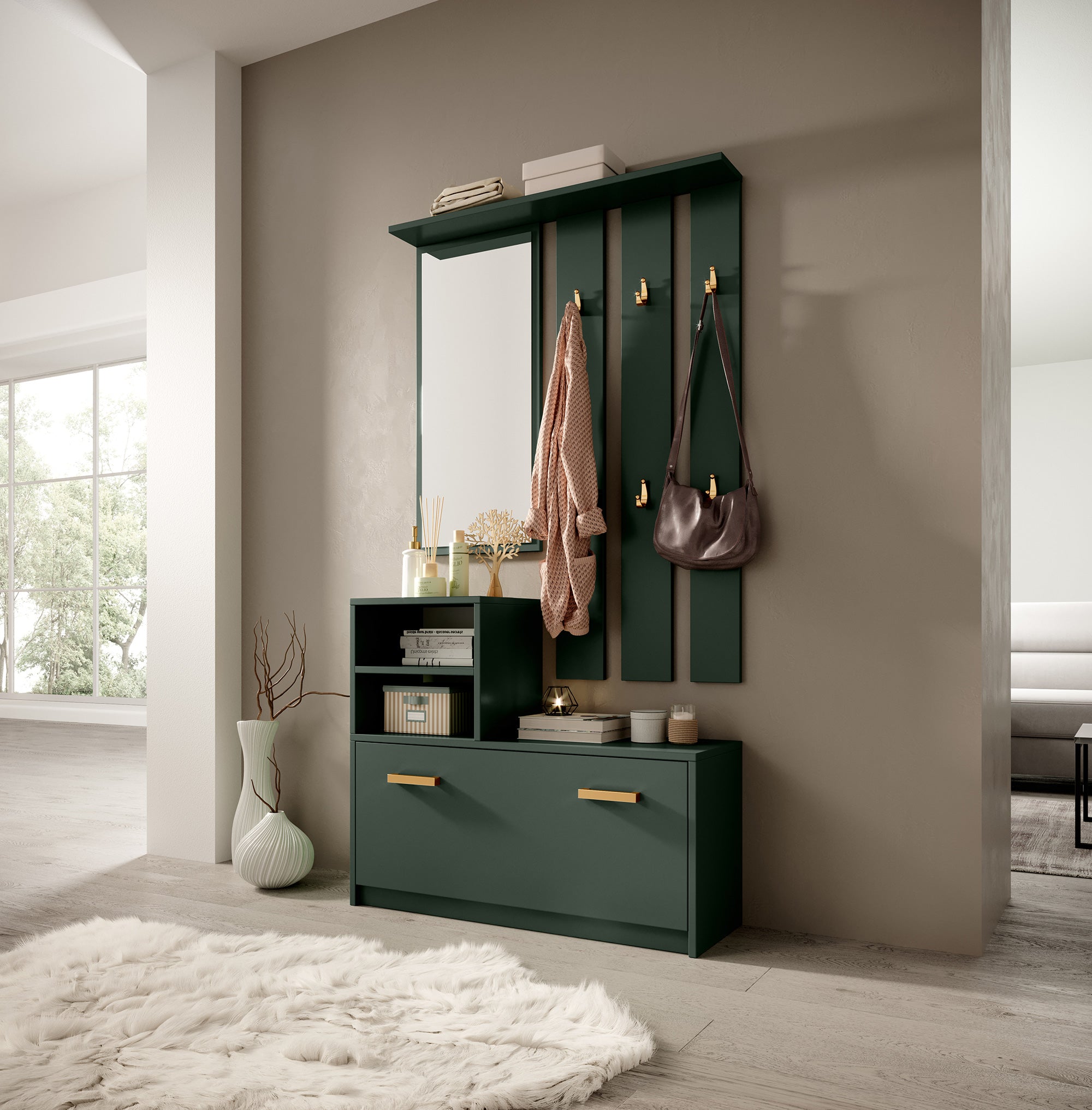 selsey-yesfir-garderobenset-flaschengr-n-mit-spiegel-schuhschrank image 2