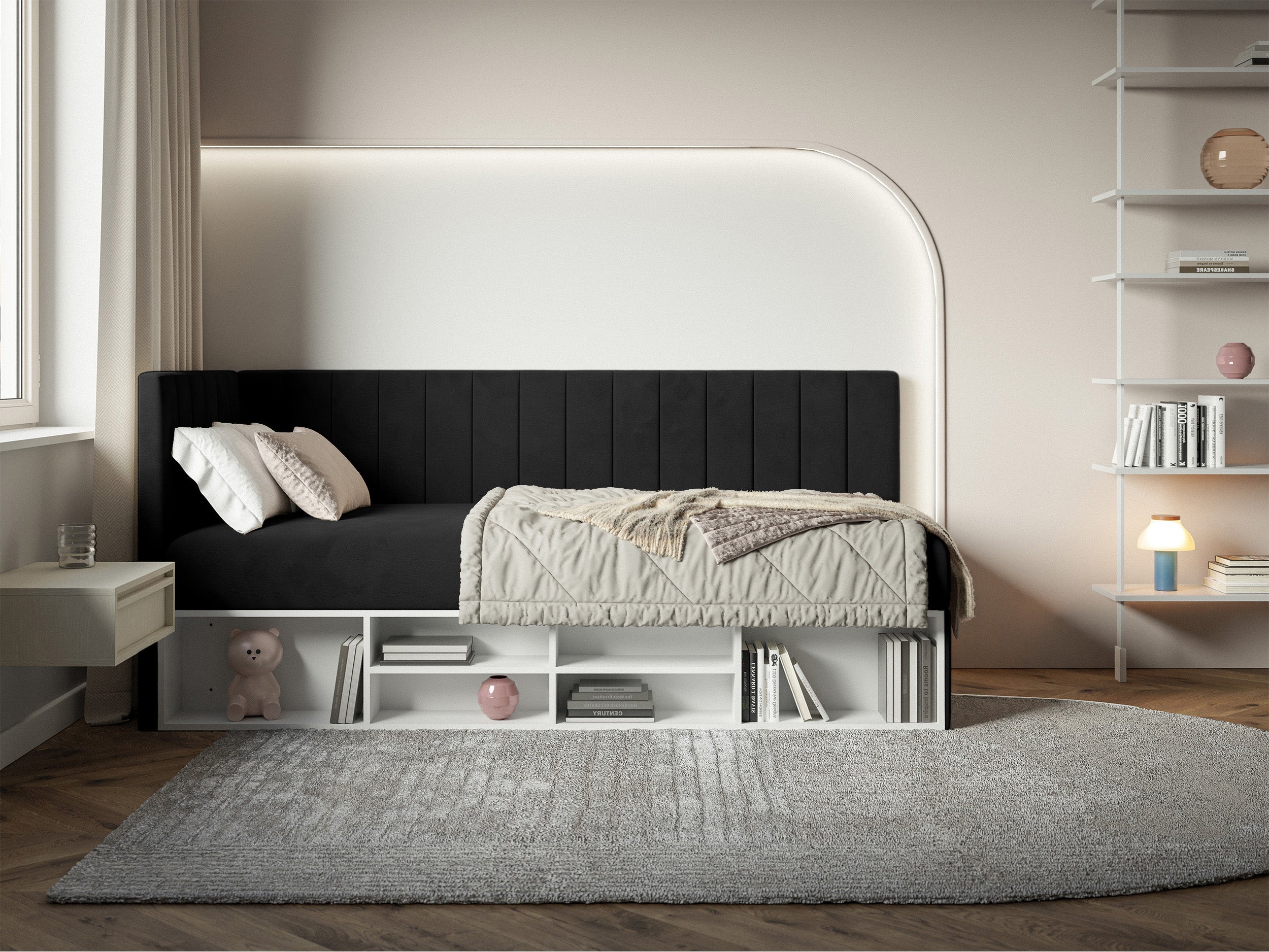 selsey-ventrio-jugendbett-90x200-cm-links-mit-stauraum-und-regalen-schwarzer-vel image 2
