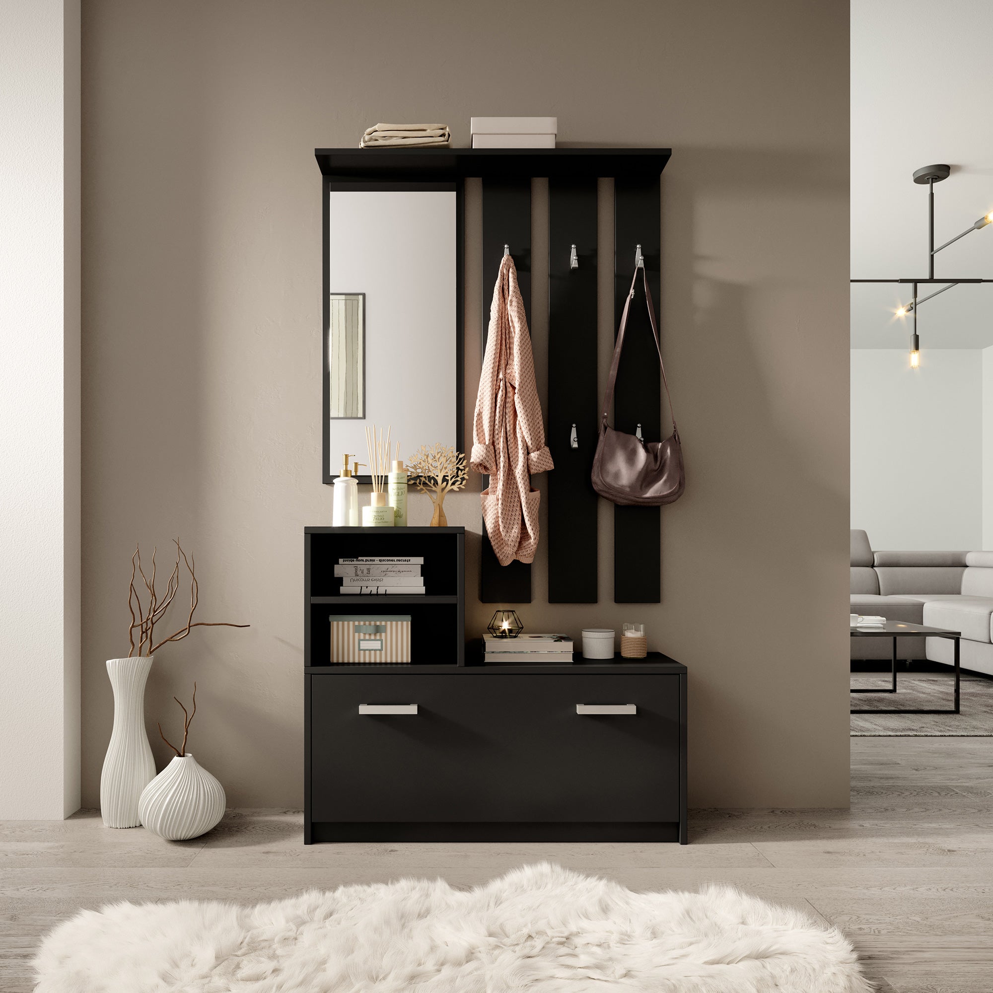 selsey-yesfir-flur-set-mit-spiegel-haken-regalen-und-schuhschrank-schwarz image 2