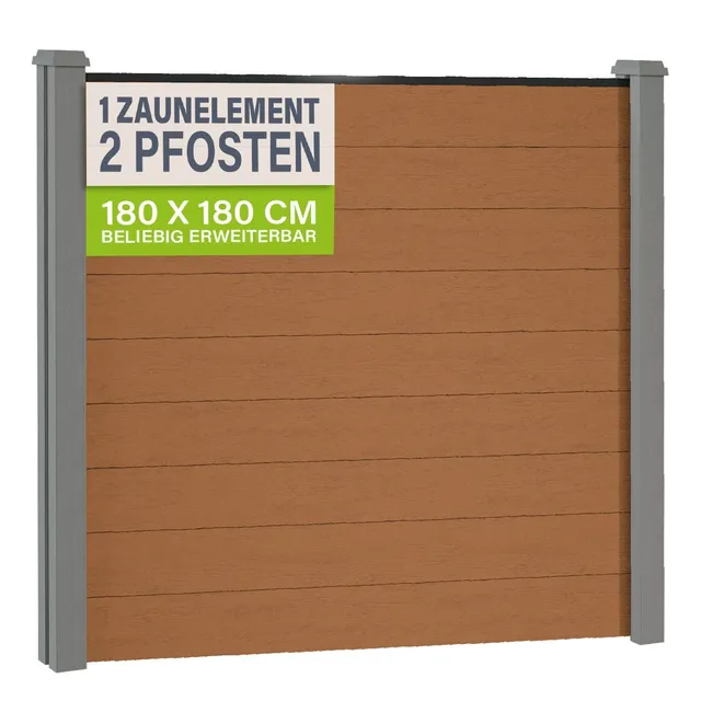juskys-wpc-zaun-sichtschutzzaun-1er-set-teak image 1