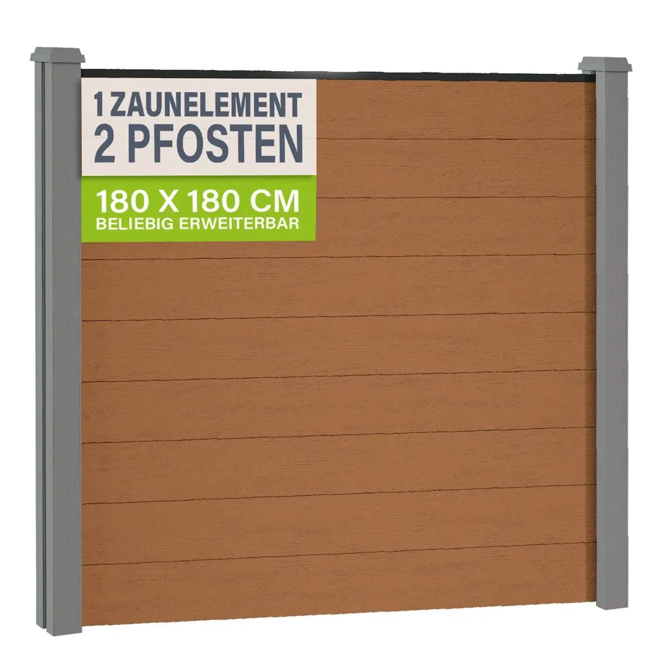 juskys-wpc-zaun-sichtschutzzaun-1er-set-teak image 1