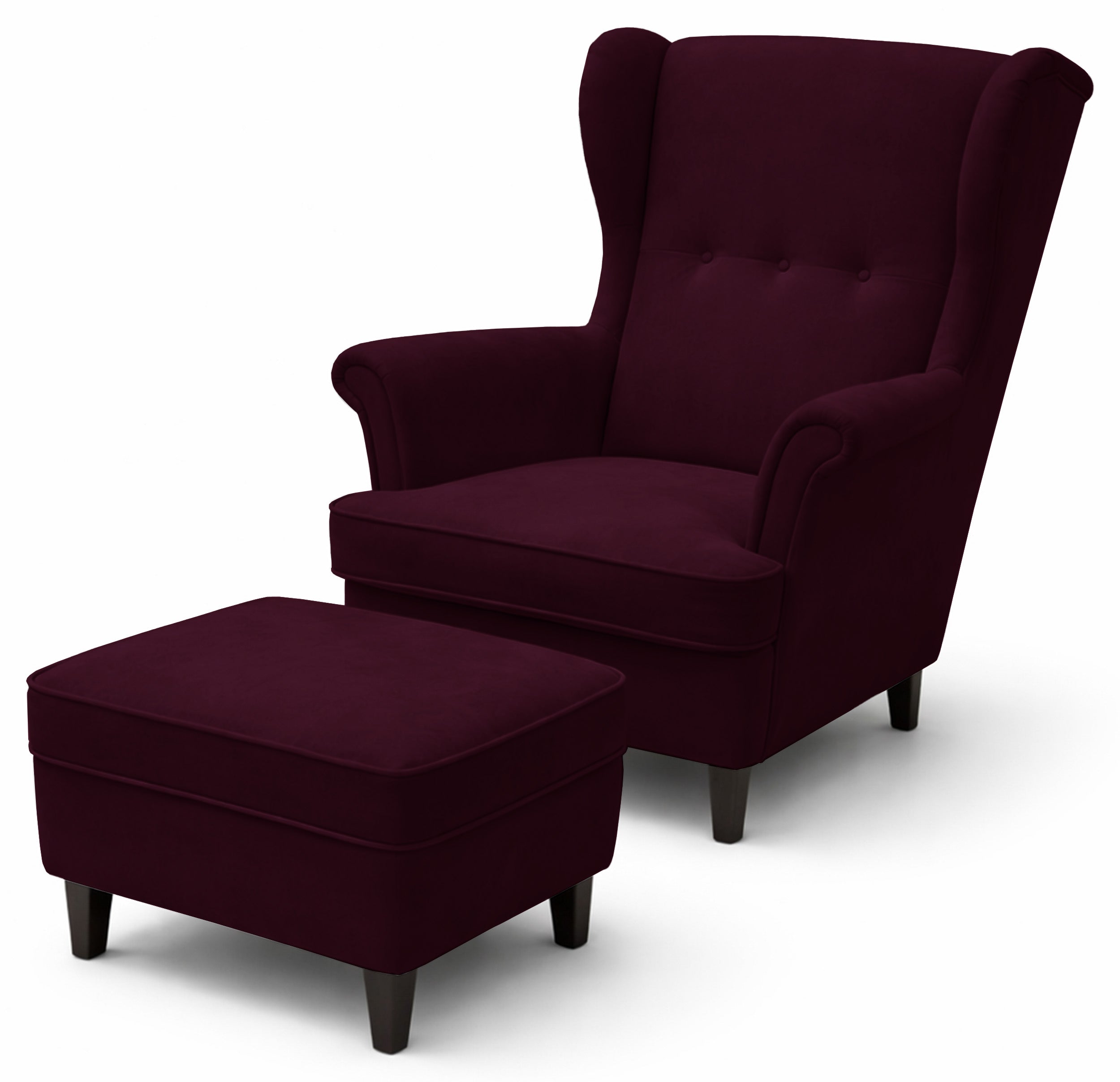 selsey-malmello-ohrensessel-mit-hocker-burgunderroter-samt-schwarze-beine image 1