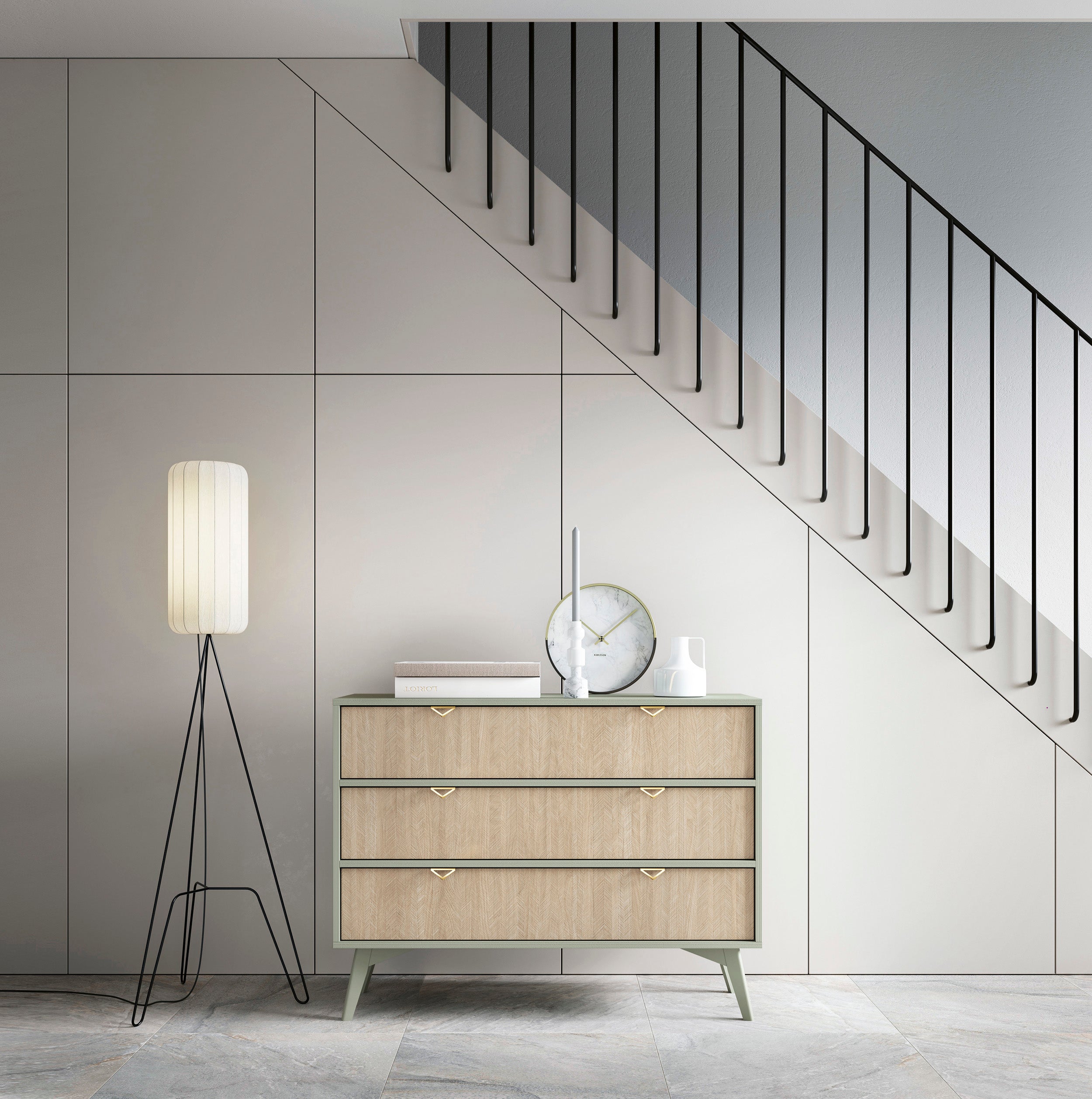selsey-favoria-kommode-106-cm-eukalyptus-fischgr-t-goldene-griffe-mit-schubladen image 2