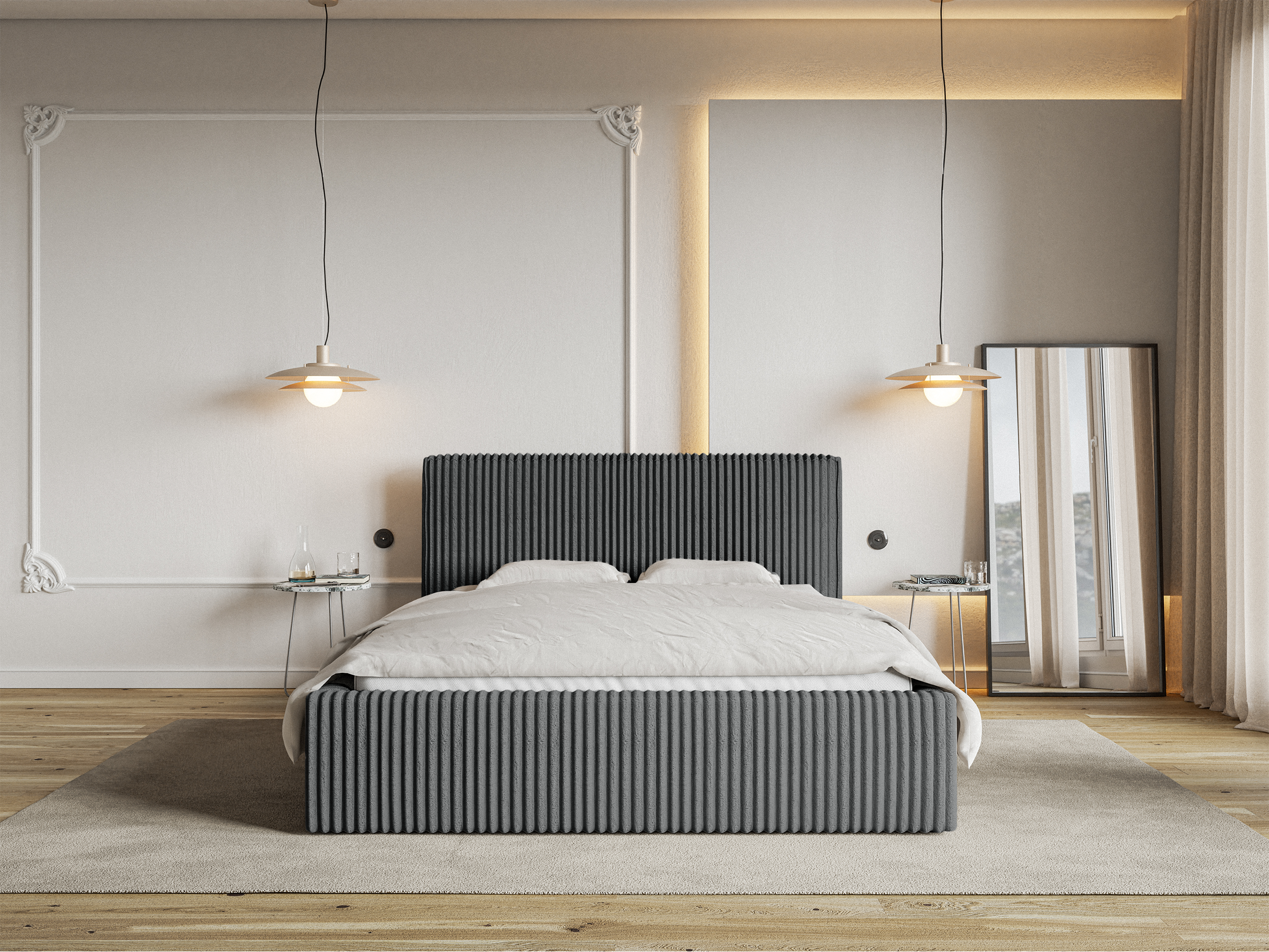 selsey-tilio-gepolstertes-bett-160x200-cm-mit-stauraum-grauer-cord-metallrahmen image 2
