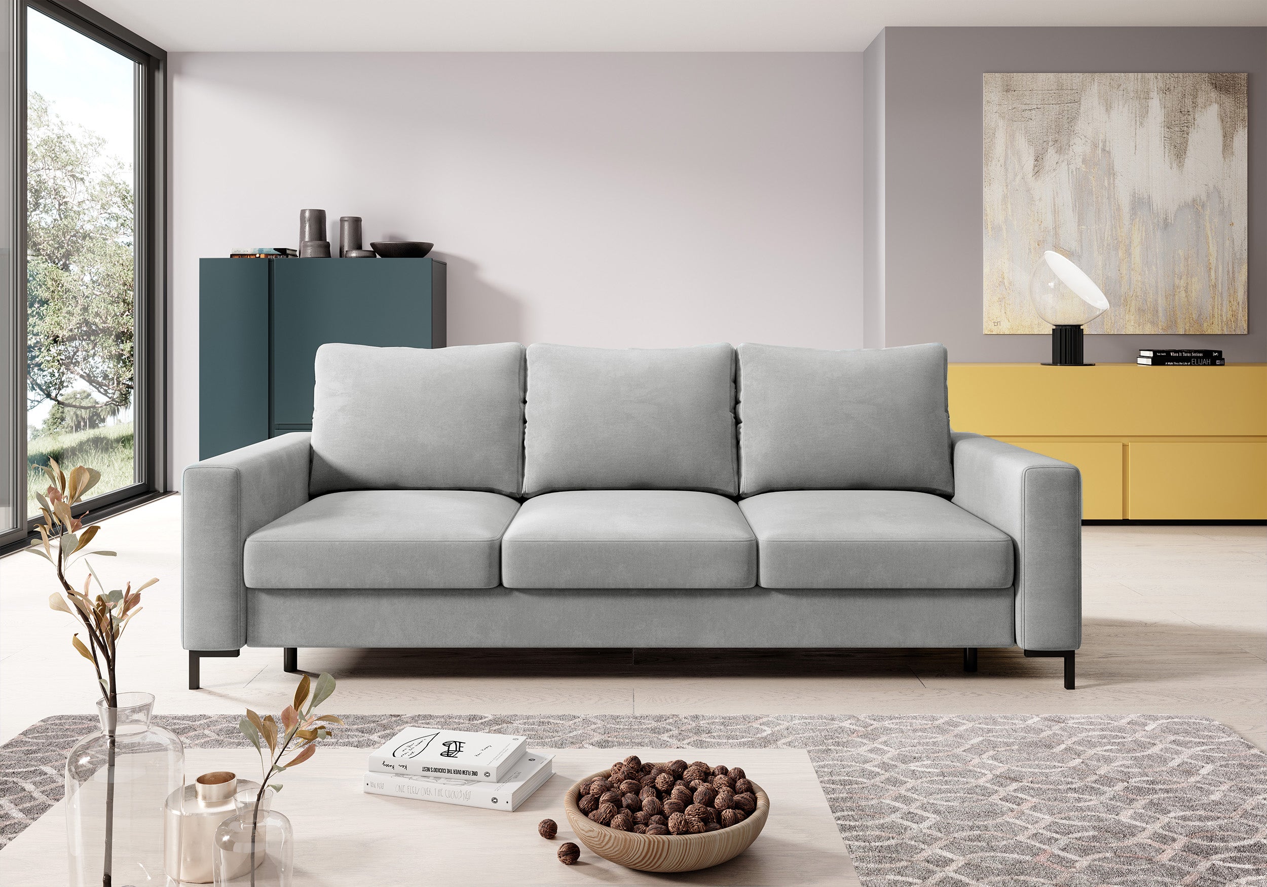 selsey-mokpeo-dreisitziges-ausklappbares-sofa-mit-stauraum-hellgrau-samt image 2