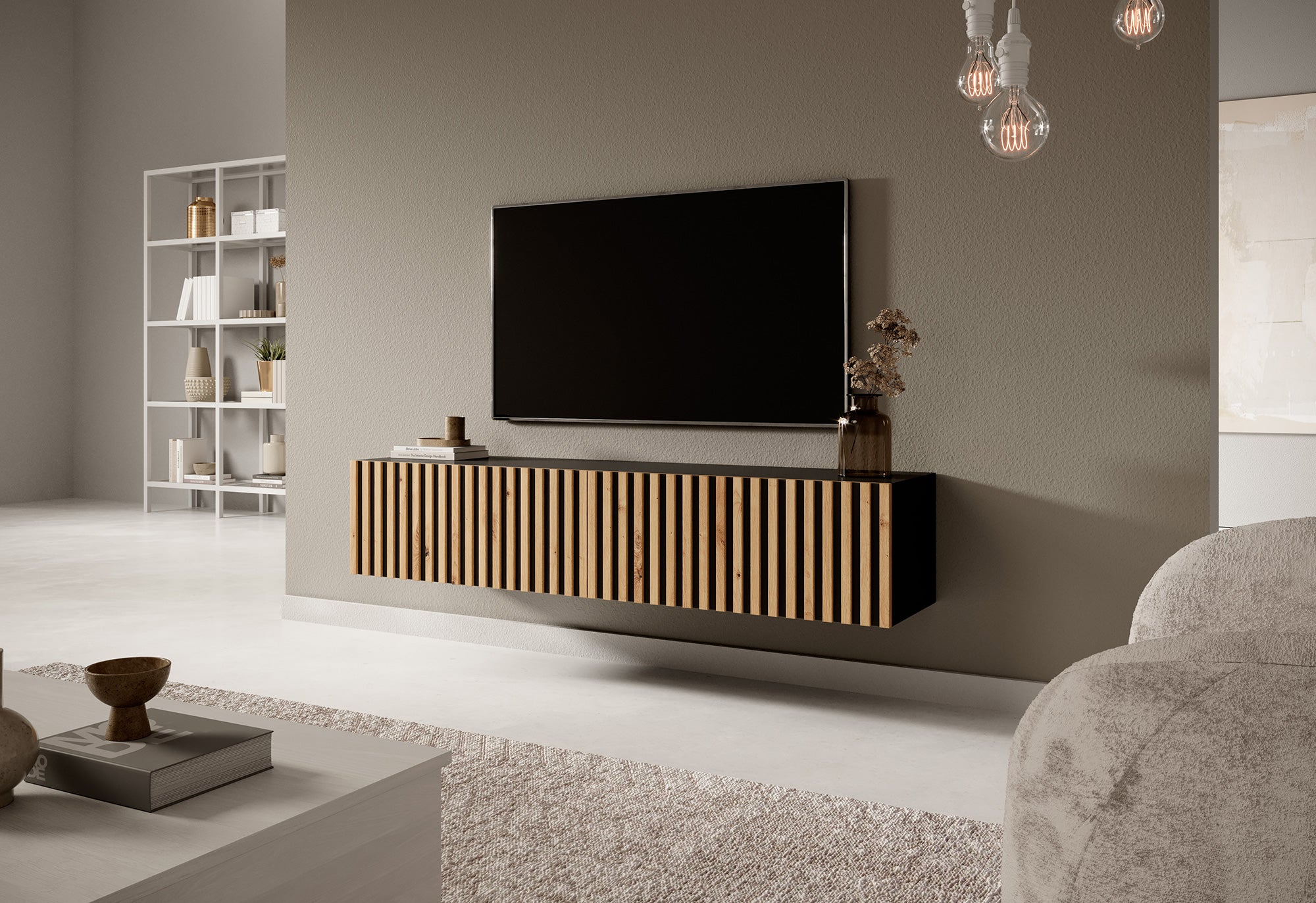 selsey-telire-tv-schrank-138-6-cm-schwarz-mit-lamellenfront-artisan-eiche image 3