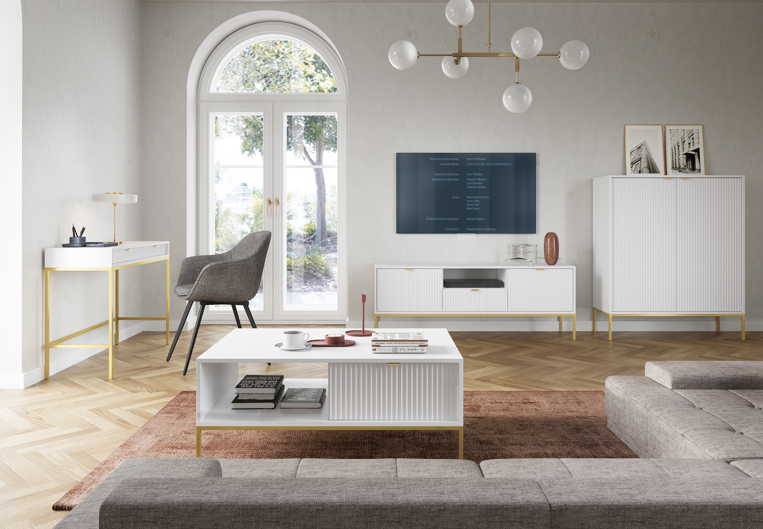 selsey-vellore-tv-schrank-154-cm-wei-mit-gerillten-fronten-und-goldenem-gestell image 2