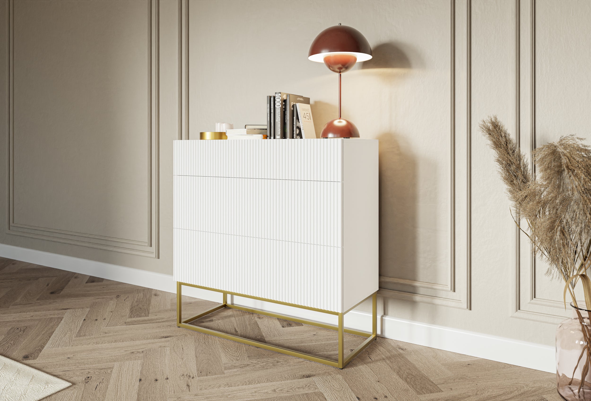 selsey-veldio-kommode-90-cm-mit-3-schubladen-und-gefr-ster-front-wei-mit-goldene image 2
