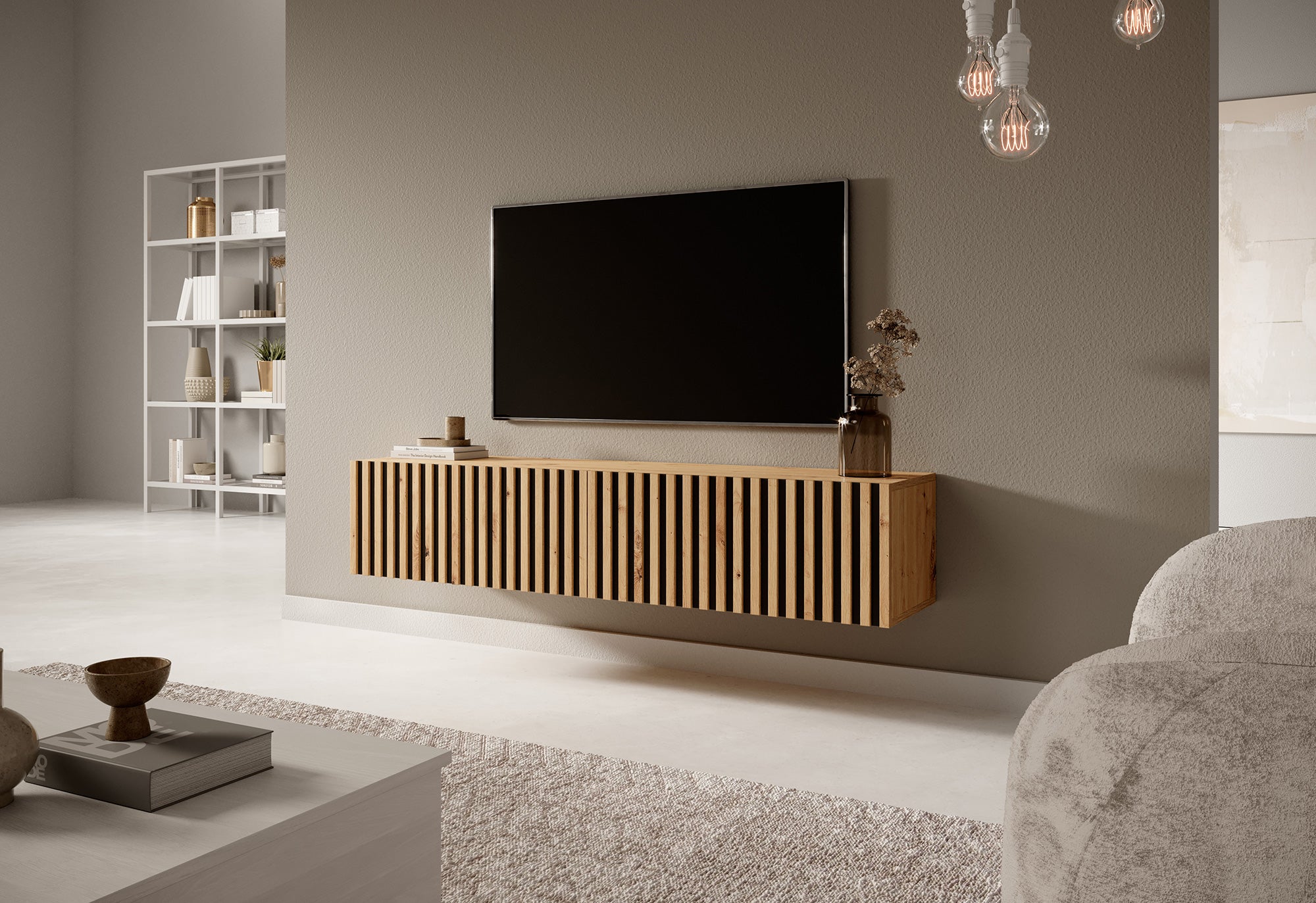 selsey-telire-tv-schrank-138-6-cm-artisan-eiche-mit-lamellenfront-schwarze-eins- image 2