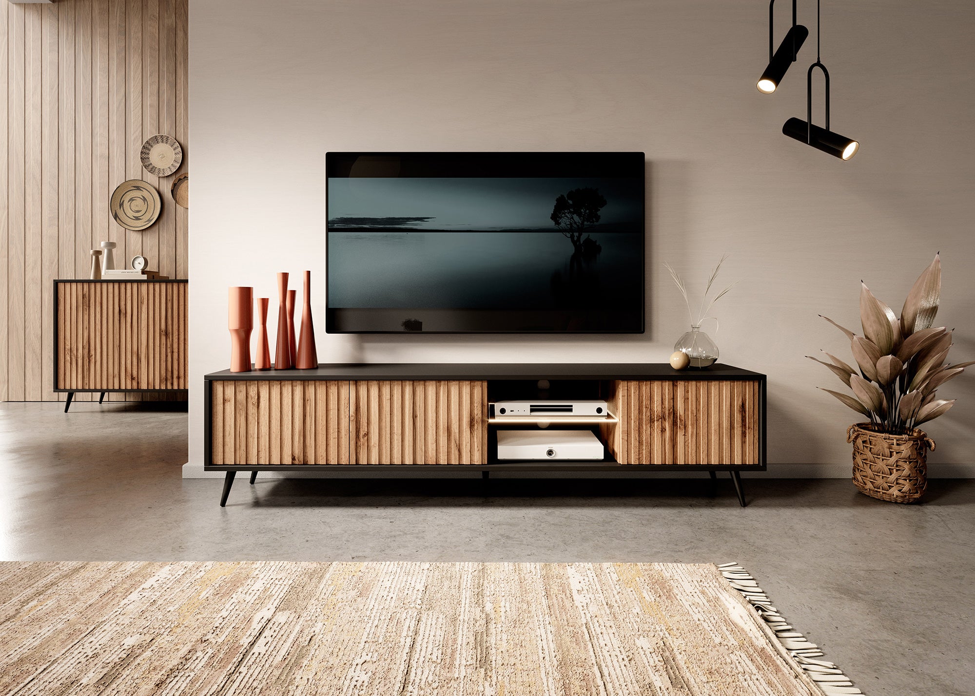 selsey-bello-tv-schrank-175-cm-schwarz-wotan-eiche-mit-lamellenfront-und-led image 2