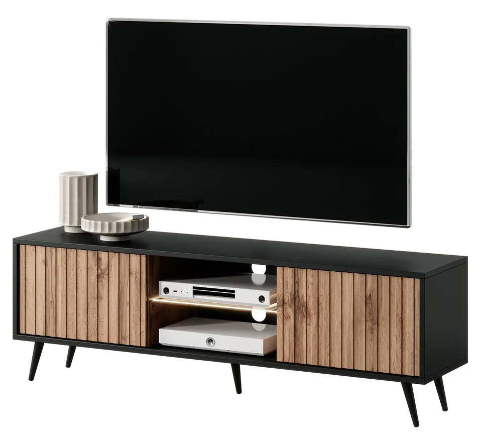 selsey-bello-tv-schrank-135-cm-schwarz-wotan-eiche-mit-lamellenfront-und-led image 1