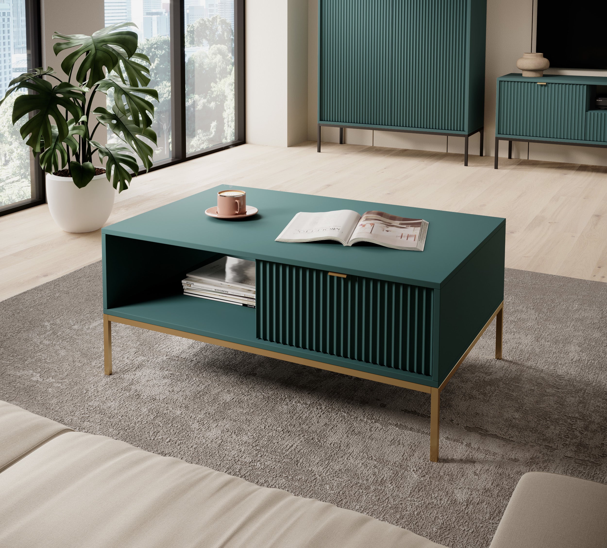 selsey-vellore-couchtisch-104x68-cm-gr-n-mit-geriffelter-front-und-goldenen-grif image 2