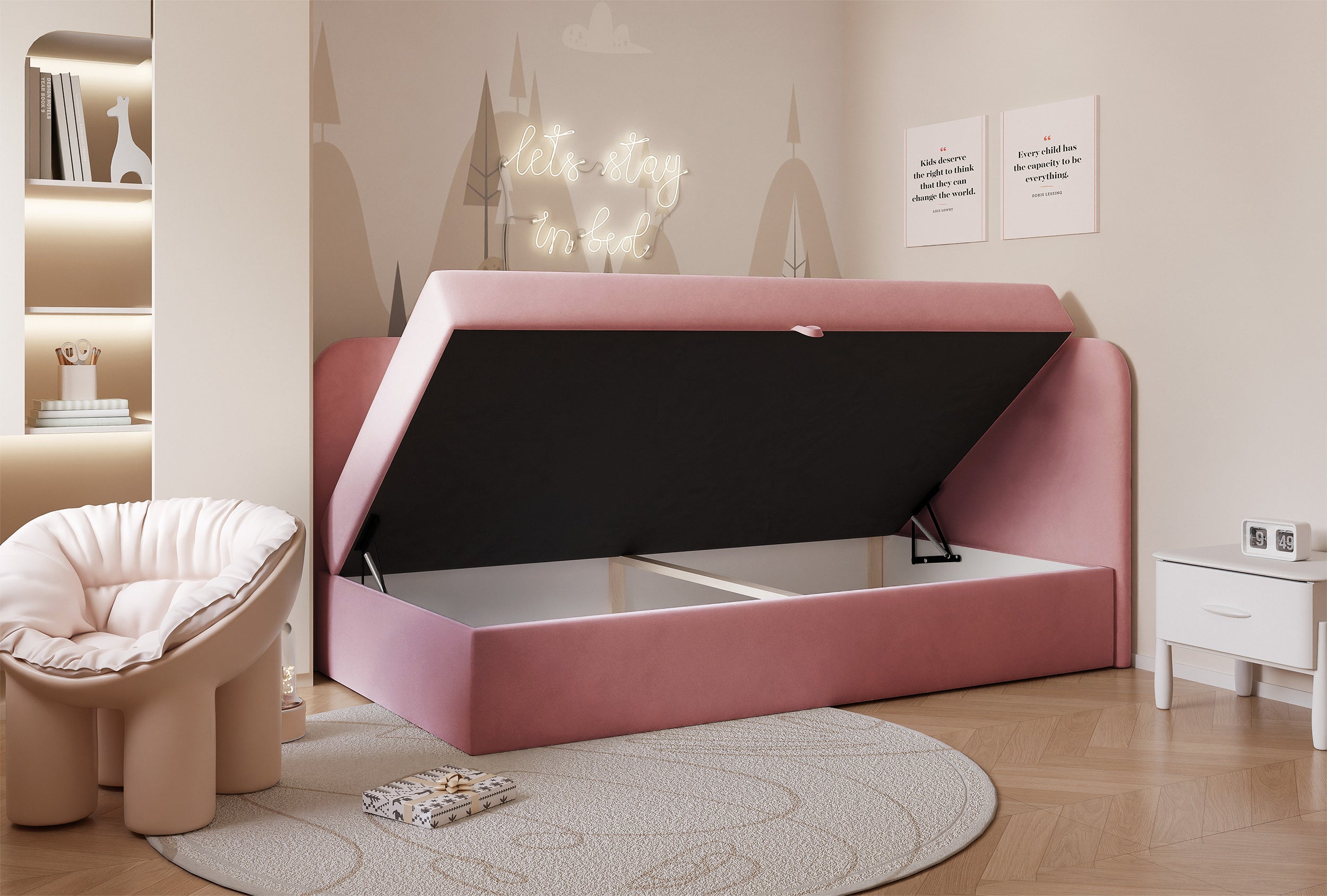 selsey-jugendbett-nubini-90x200-cm-rechtsseitig-mit-stauraum-rosa-velours-wasser image 3