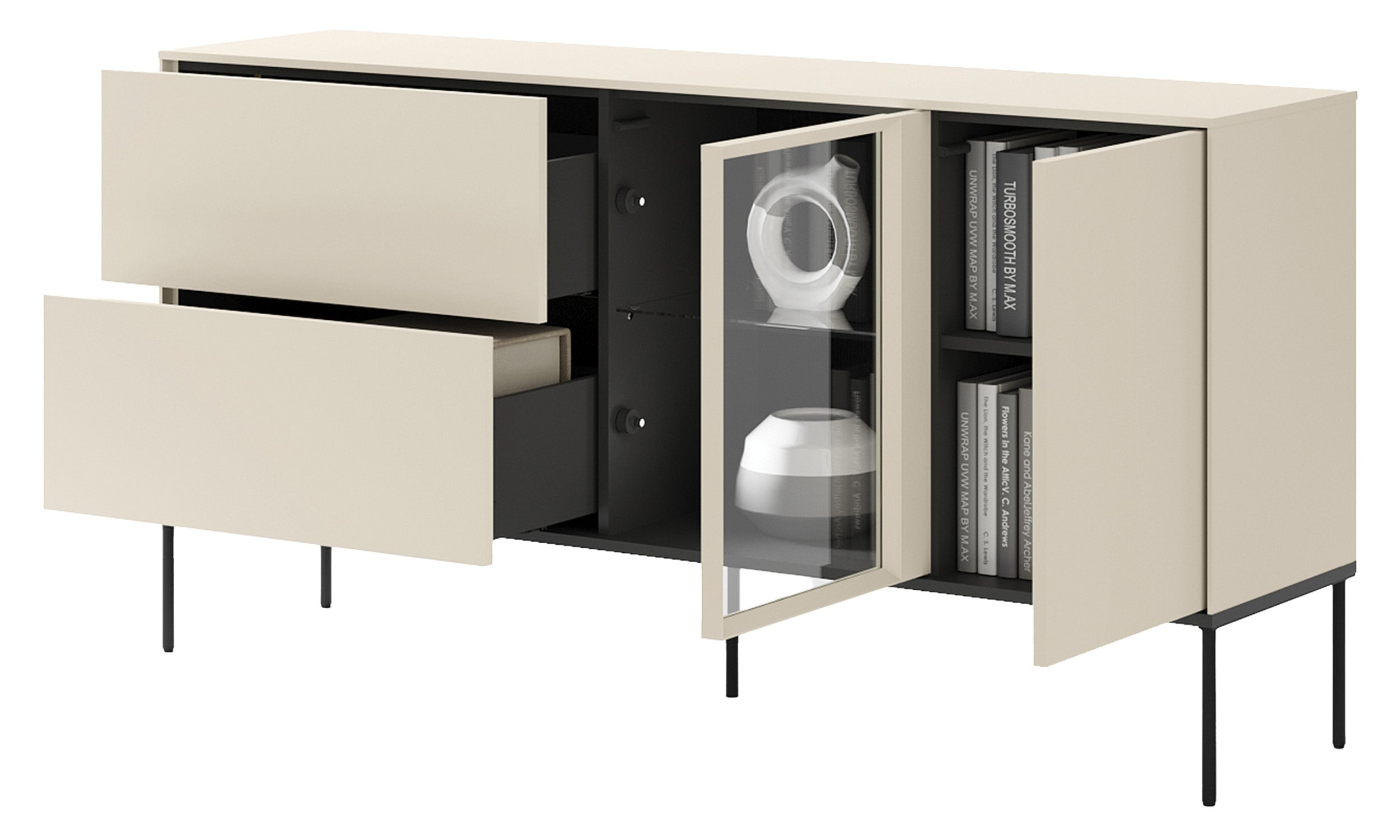 selsey-sideboard-bellezo-166-cm-einfl-gelig-mit-led-vitrine-und-2-schubladen-cre image 6