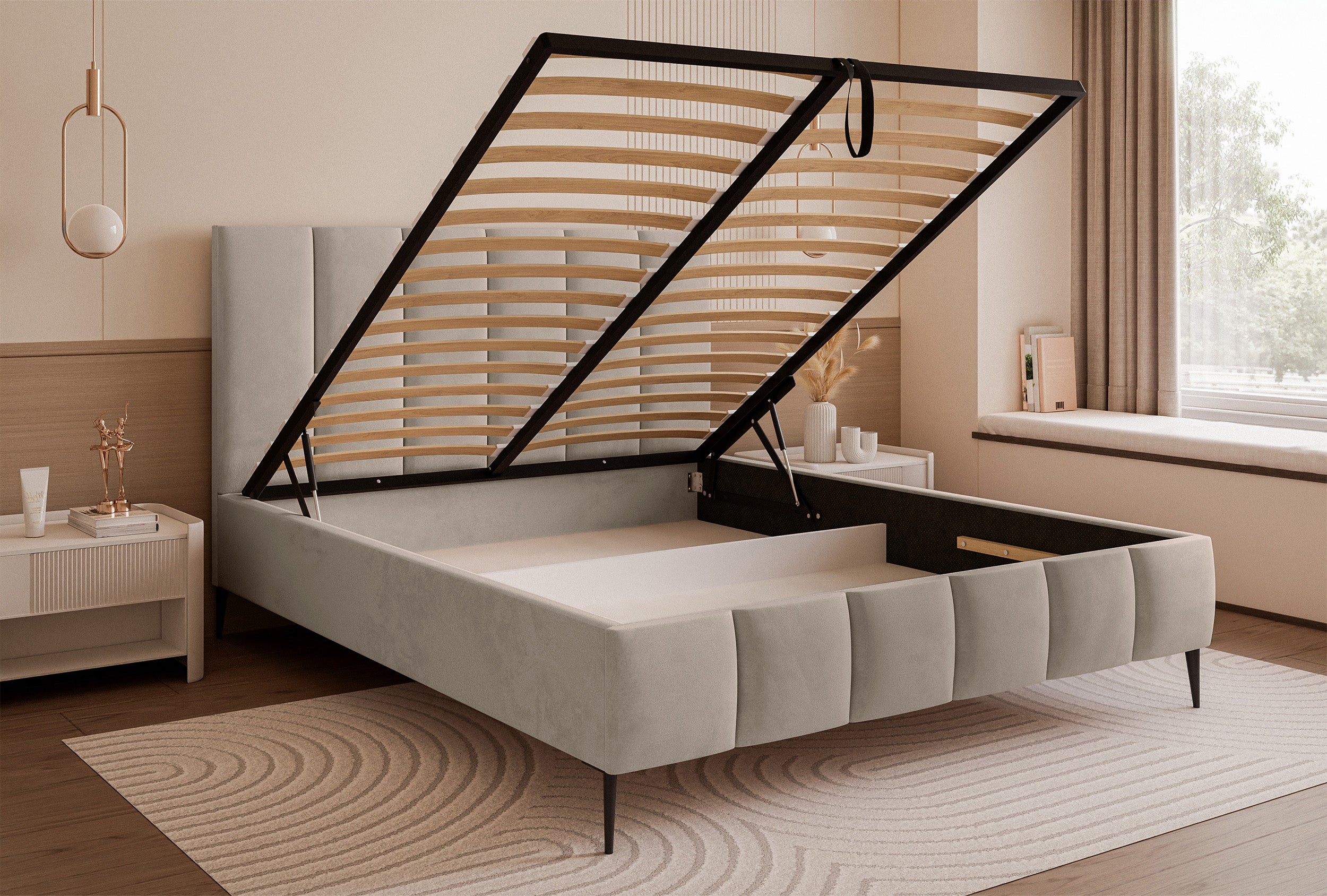selsey-sarafino-polsterbett-140x200-cm-mit-bettkasten-grau-beige-samt-metallrahm image 4