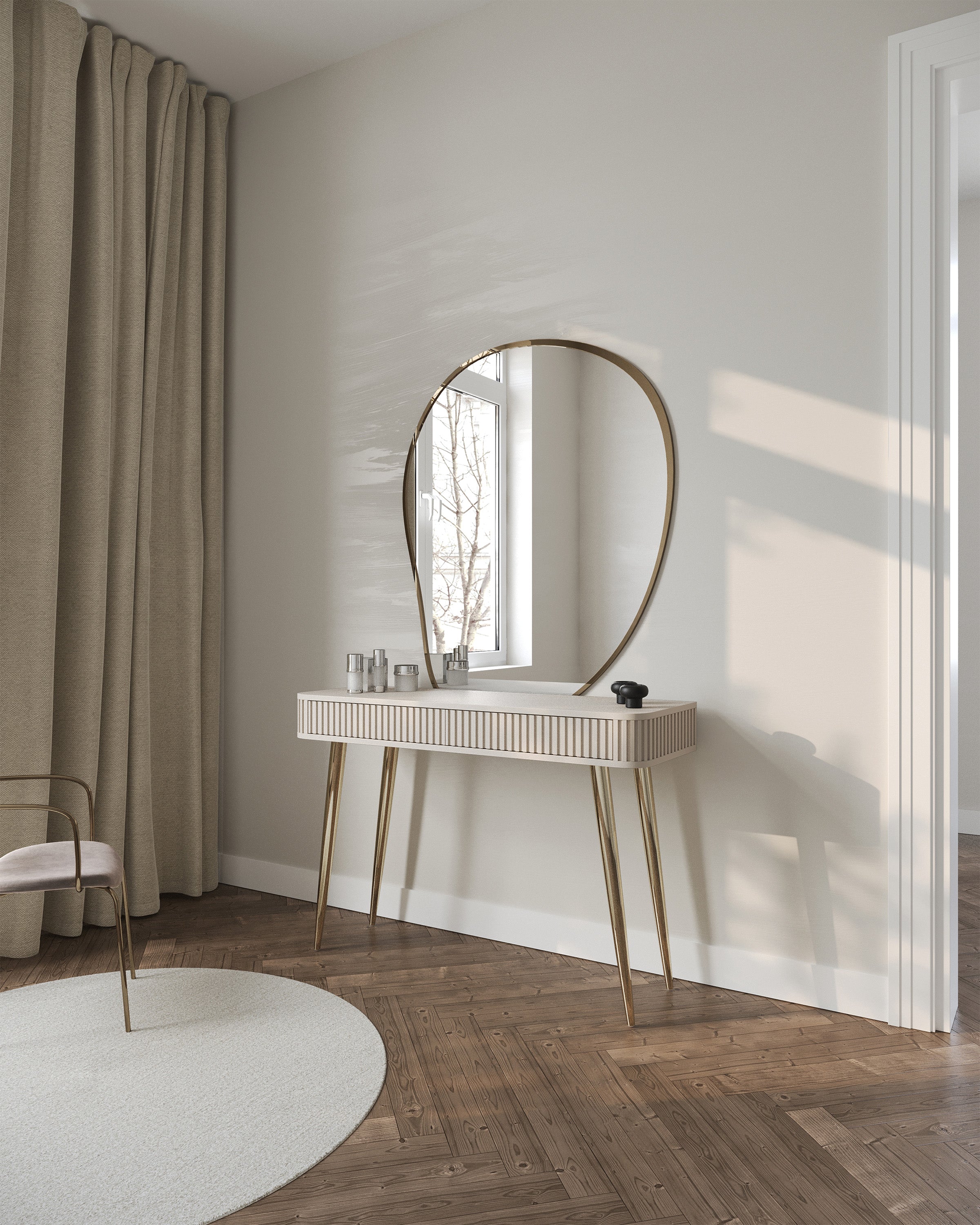 selsey-ovarlo-toilettentisch-113-cm-mit-2-schubladen-sandbeige-mit-goldenen-bein image 4