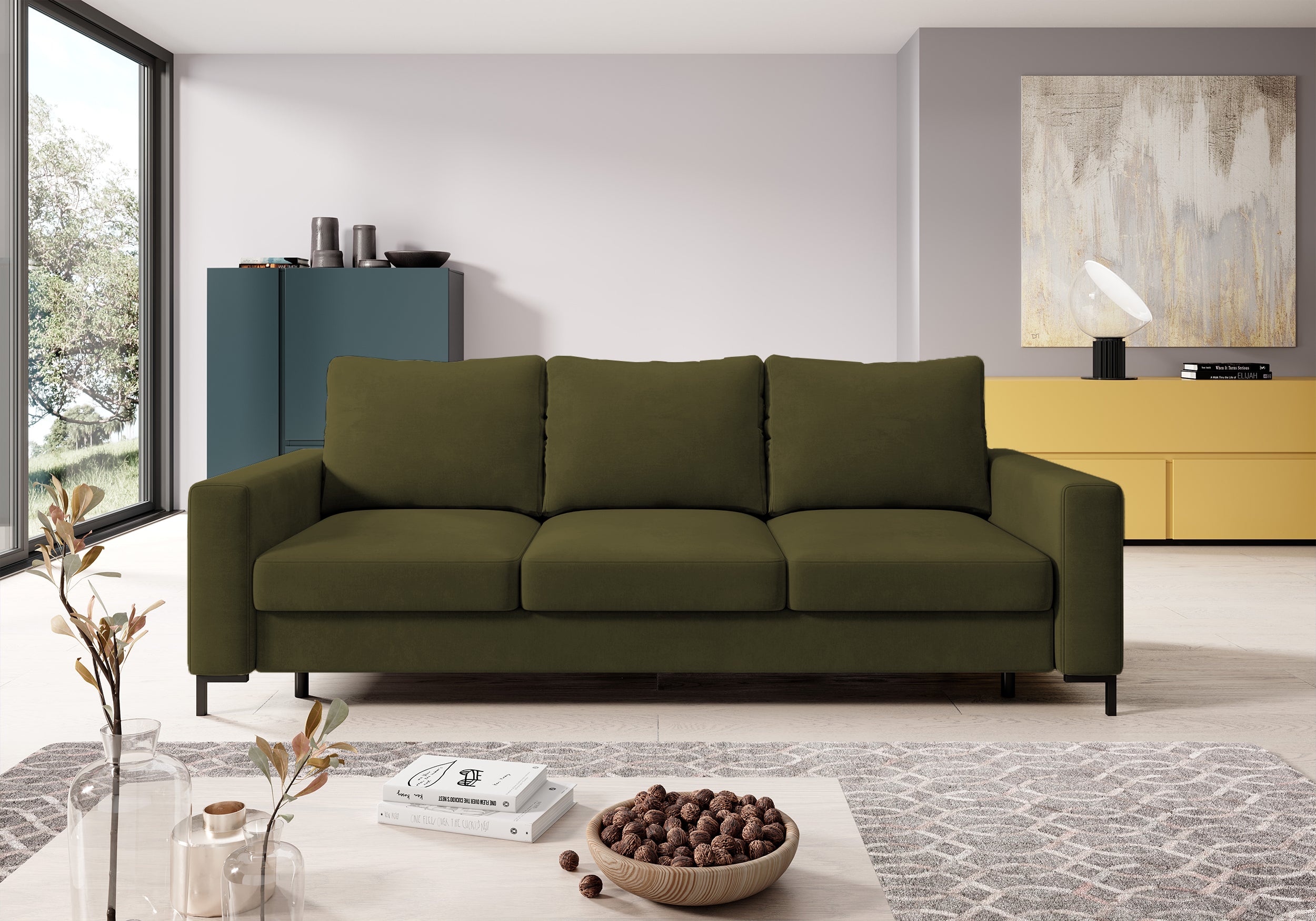 selsey-mokpeo-dreisitziges-ausklappbares-sofa-olivgr-ner-samt-mit-stauraum image 2