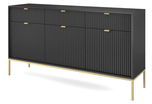 selsey-vellore-dreht-r-kommode-154-cm-schwarz-mit-rillenfronten-und-goldenem-ges image 1