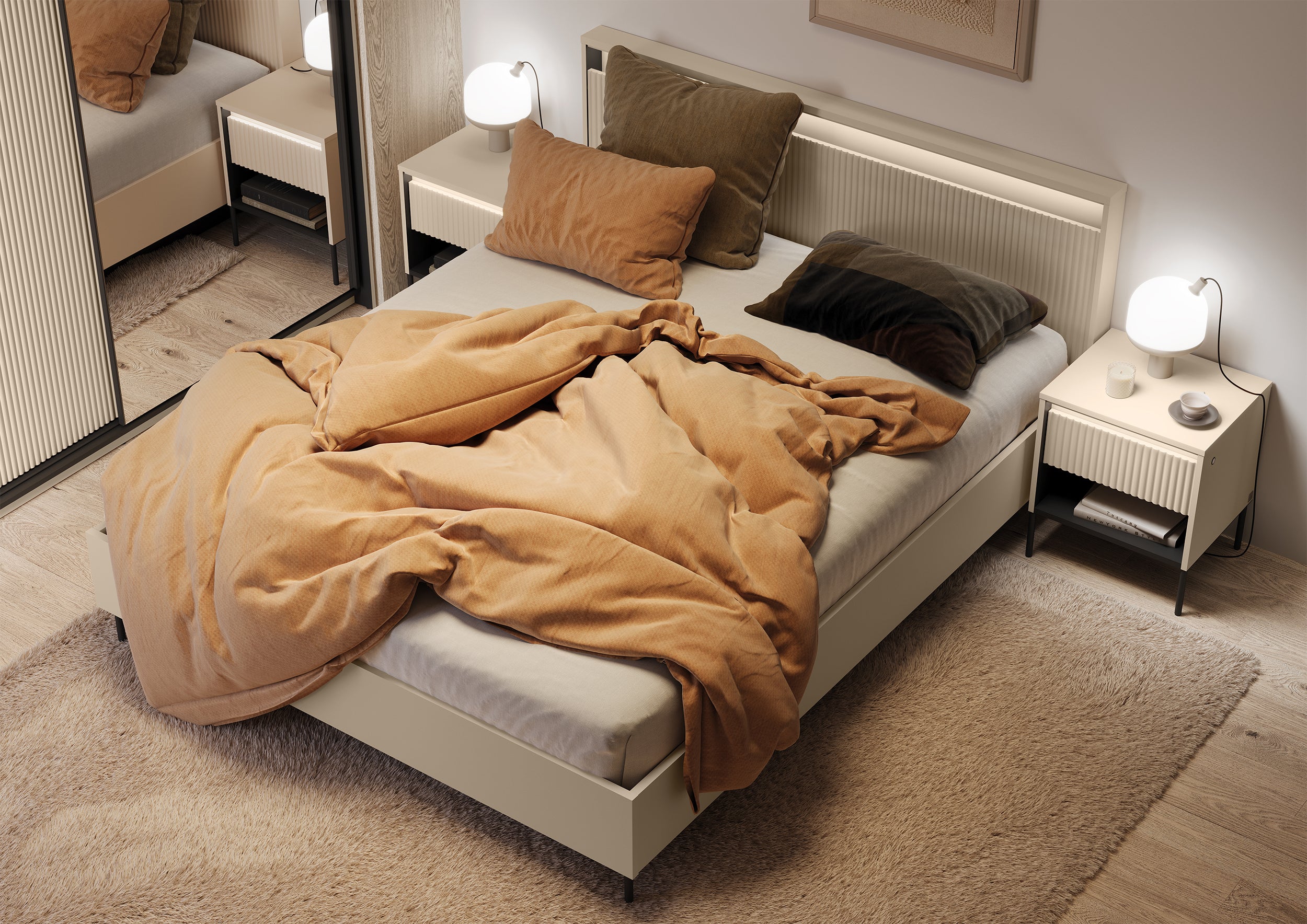 selsey-trend-bett-180x200-cm-gerillt-mit-stauraum-und-beleuchtung-sandbeige-schw image 2
