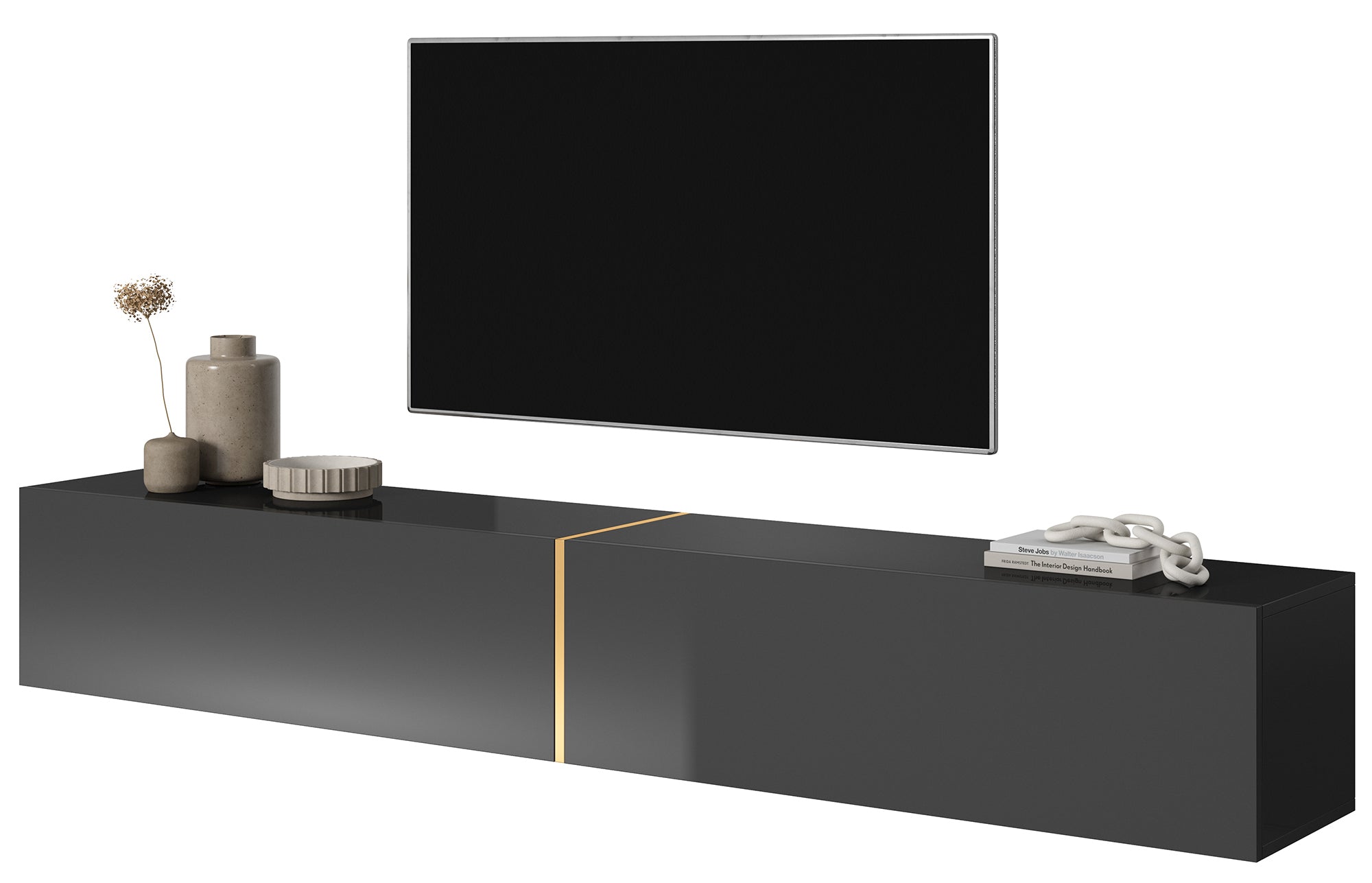 selsey-bisira-tv-schrank-200-cm-schwarz-mit-goldenem-einsatz image 1