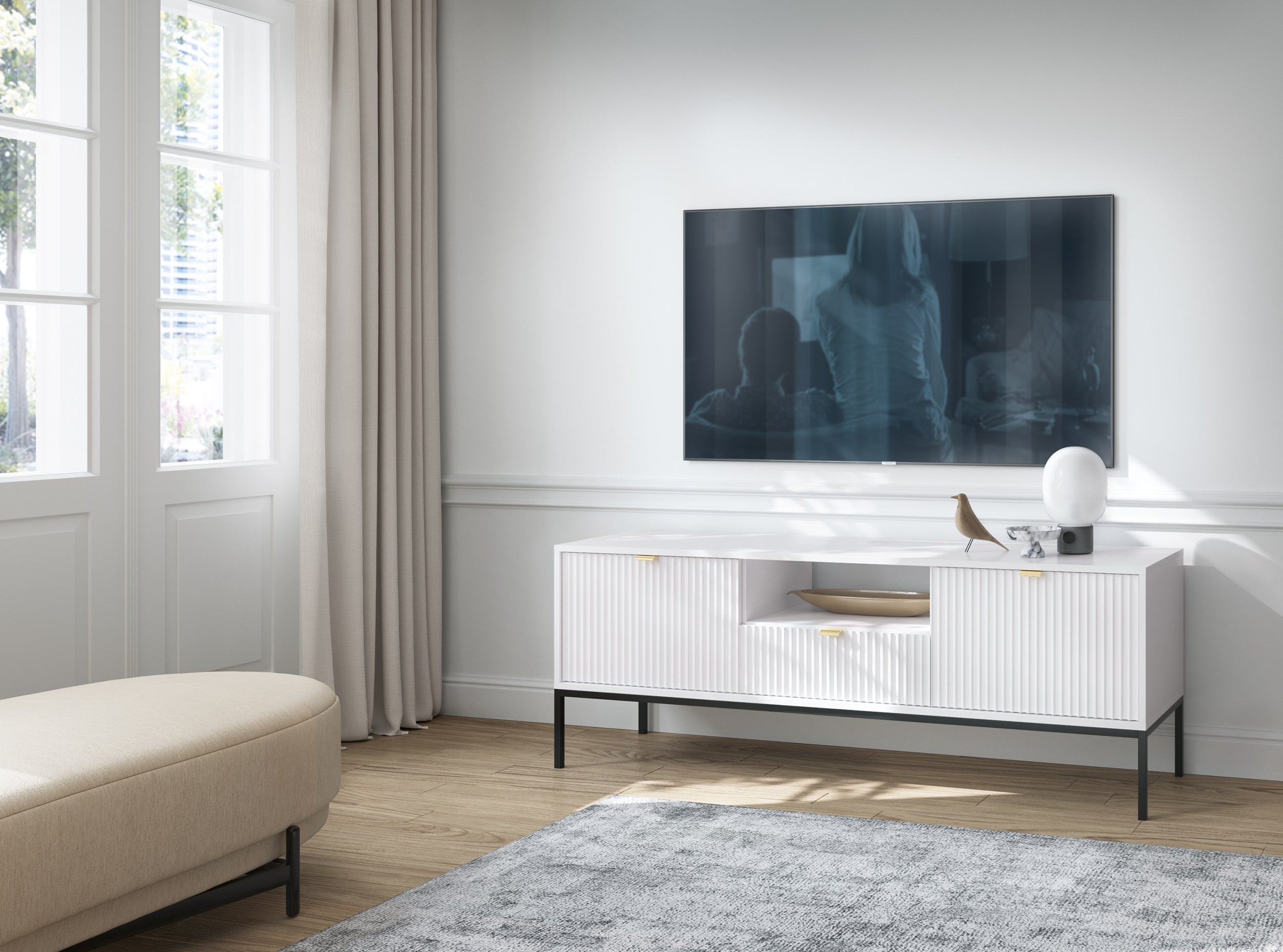 selsey-vellore-tv-schrank-154-cm-wei-mit-geriffelten-fronten-und-goldenen-griffe image 5