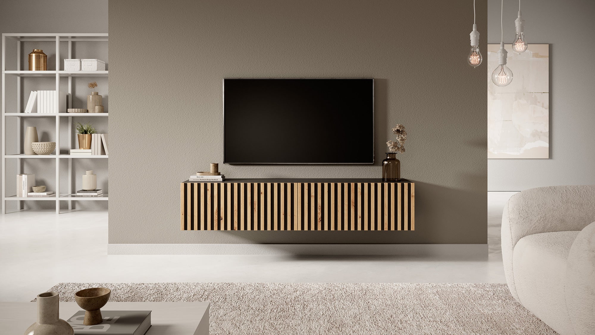 selsey-telire-tv-schrank-138-6-cm-schwarz-mit-lamellenfront-artisan-eiche image 2