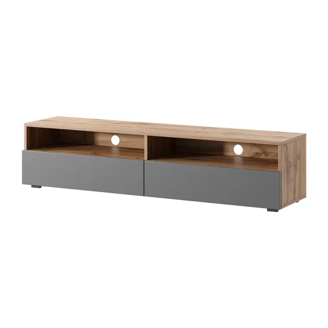 selsey-rednaw-tv-schrank-140-cm-mit-zwei-schubladen-wotan-eiche-grau-hochglanz image 1