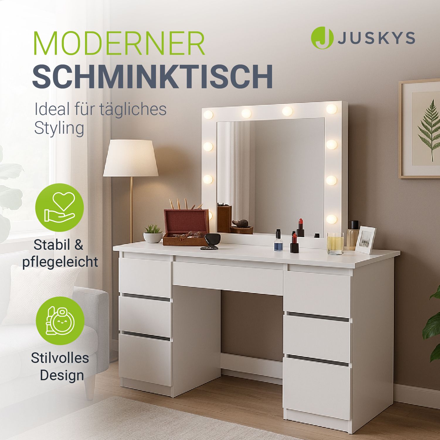 juskys-schminktisch-talea-wei-mit-spiegel-led-und-7-schubladen image 2