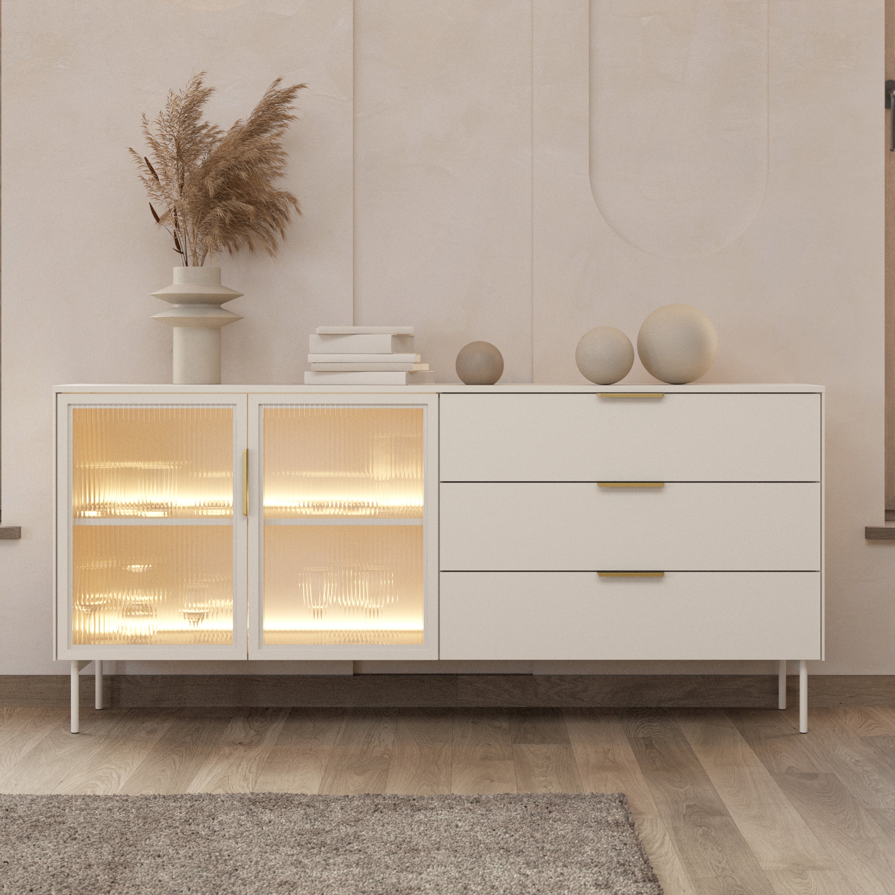 selsey-lumi-vitrine-zweit-rig-181-cm-mit-3-schubladen-und-led-kaschmir-riffelgla image 2