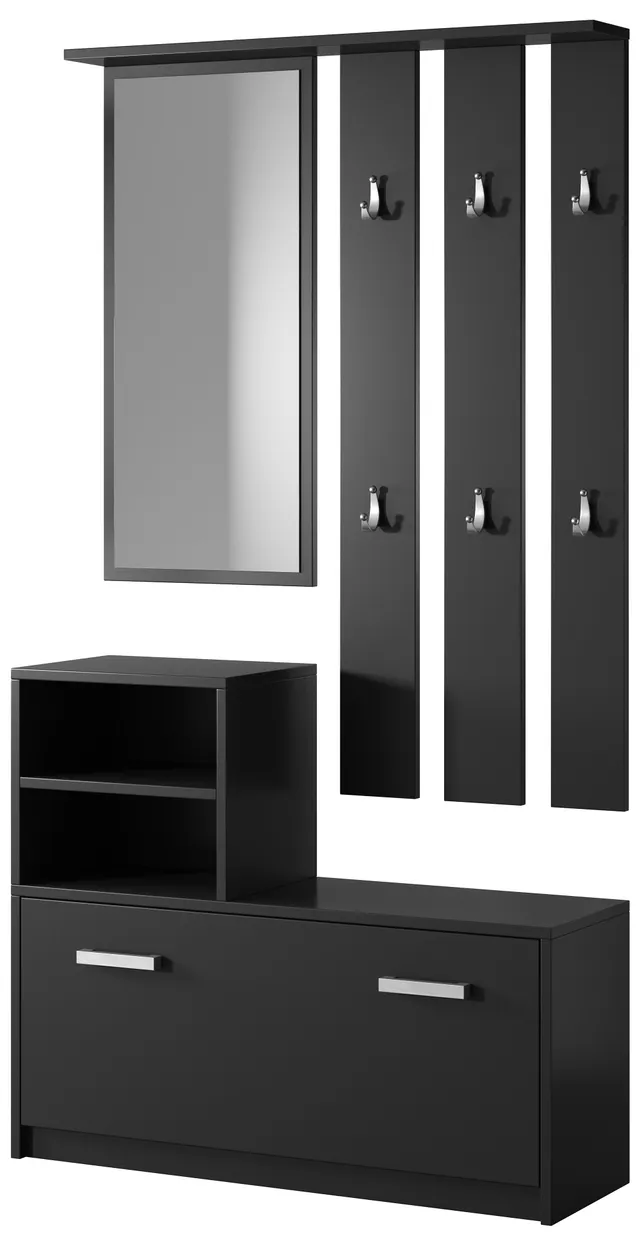 selsey-yesfir-flur-set-mit-spiegel-haken-regalen-und-schuhschrank-schwarz image 1