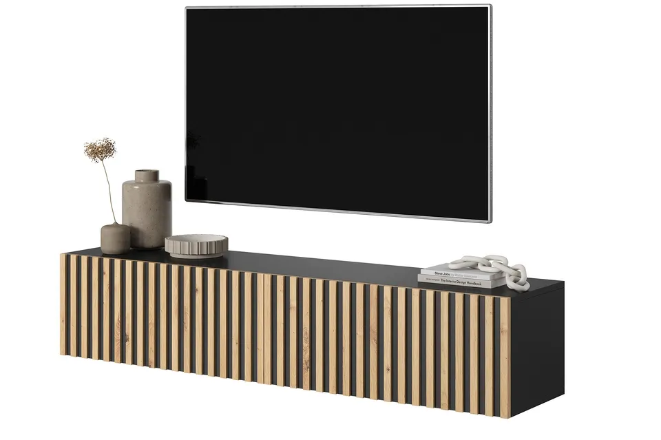 selsey-telire-tv-schrank-138-6-cm-schwarz-mit-lamellenfront-artisan-eiche image 1